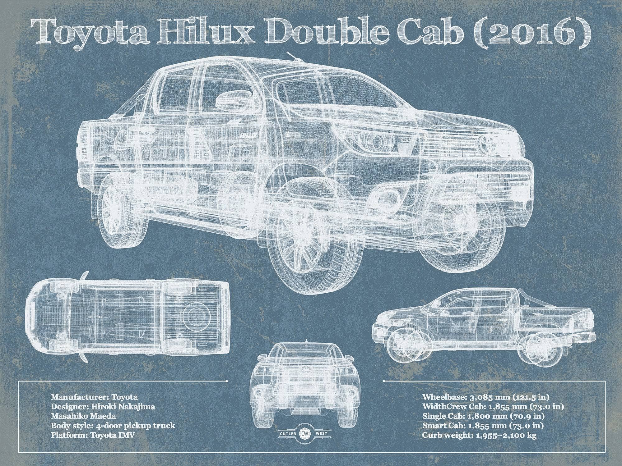 Cutler West Toyota Collection 14" x 11" / Unframed Toyota Hilux Double Cab (2016) Vintage Blueprint Auto Print 845000208_6859
