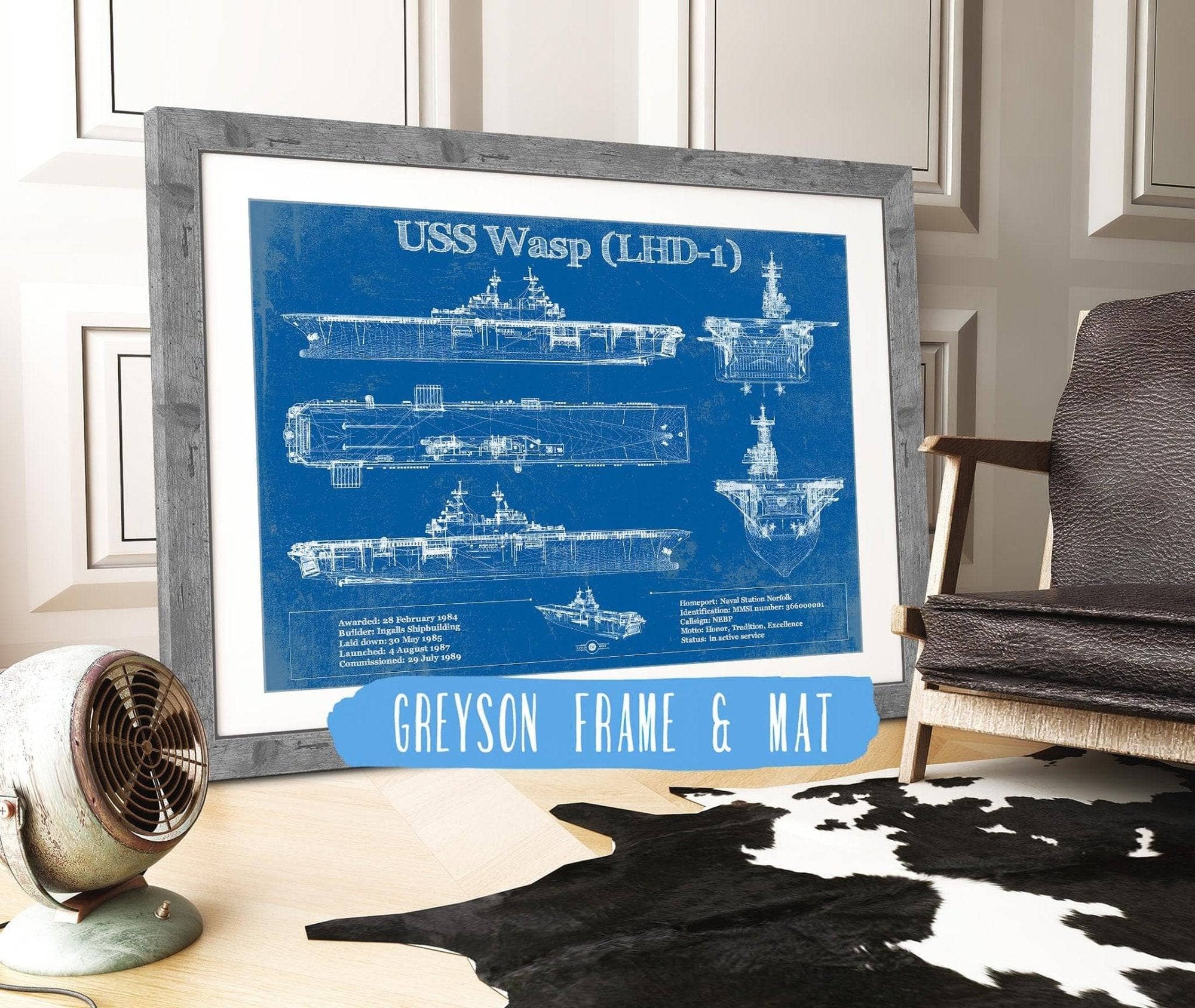 Cutler West Naval Military 14" x 11" / Greyson Frame & Mat USS Wasp (LHD-1) Aircraft Carrier Blueprint Original Military Wall Art - Customizable 933311001_27708