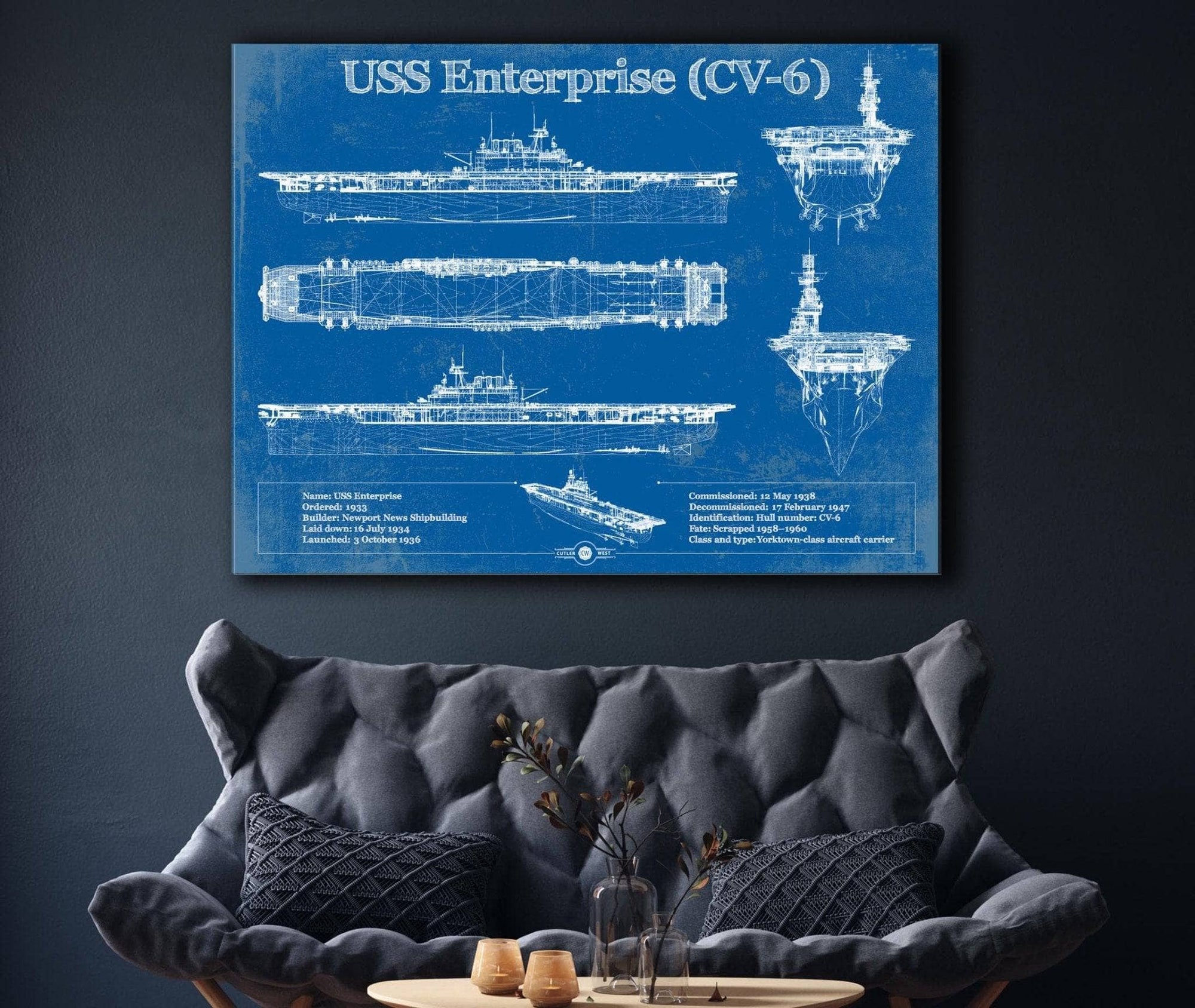 Cutler West Naval Military USS Enterprise (CV-6) Aircraft Carrier Blueprint Original Military Wall Art - Customizable