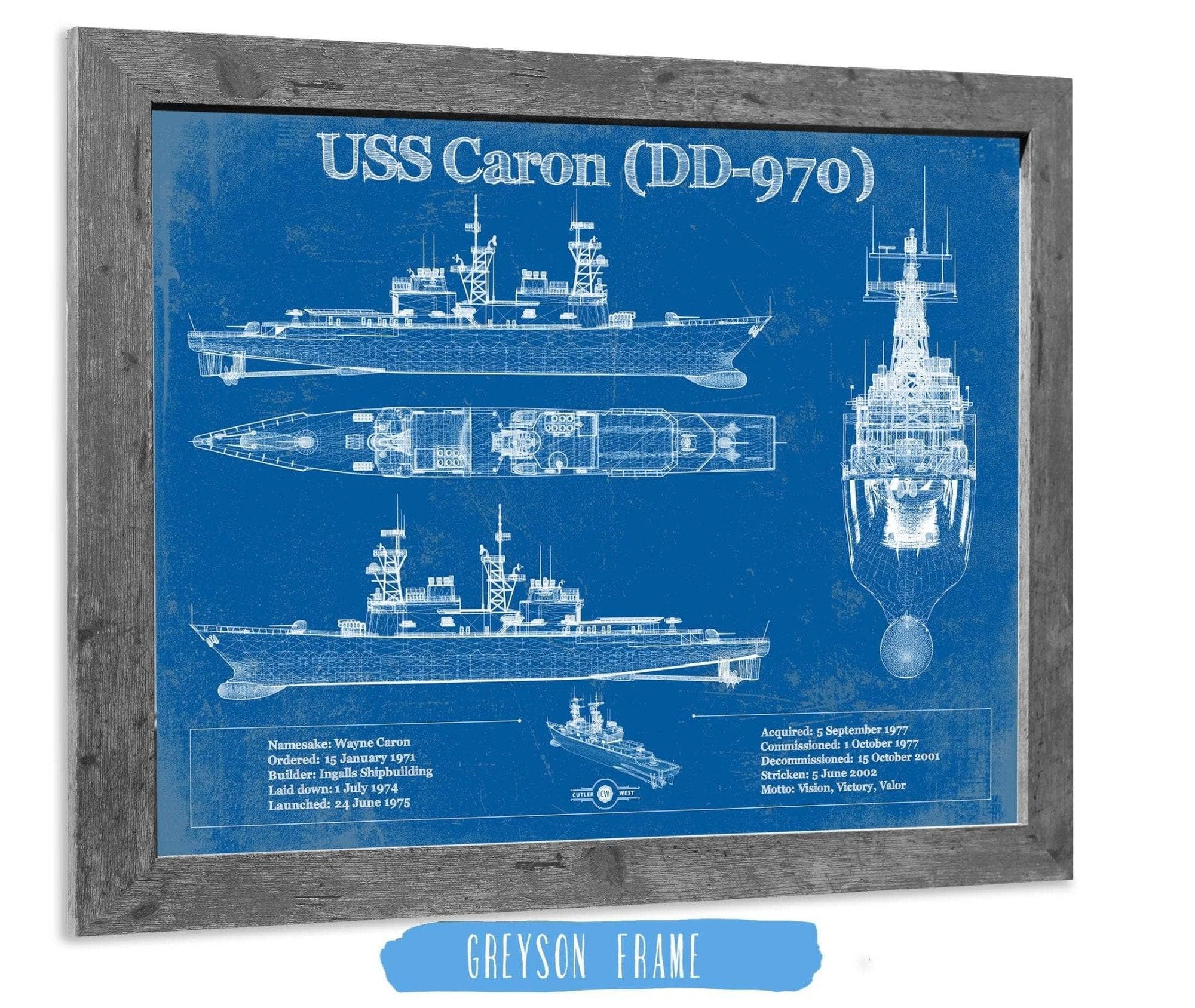 Cutler West Naval Military 14" x 11" / Greyson Frame USS Caron (DD-970) Blueprint Original Military Wall Art - Customizable 933311002_28153