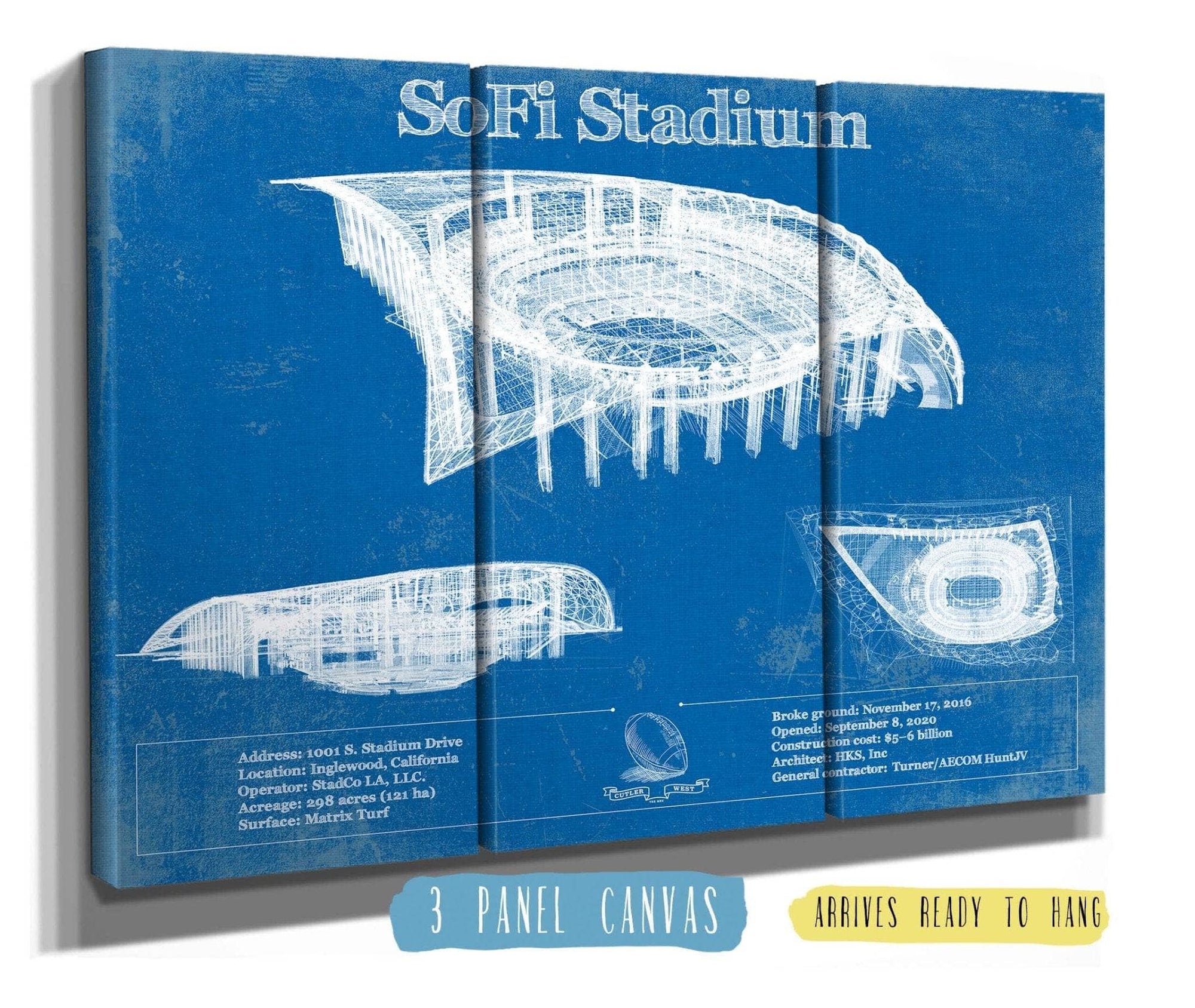 Cutler West Pro Football Collection 48" x 32" / 3 Panel Canvas Wrap Los Angeles Chargers - SoFi Stadium Vintage Football Print 933311013_24054