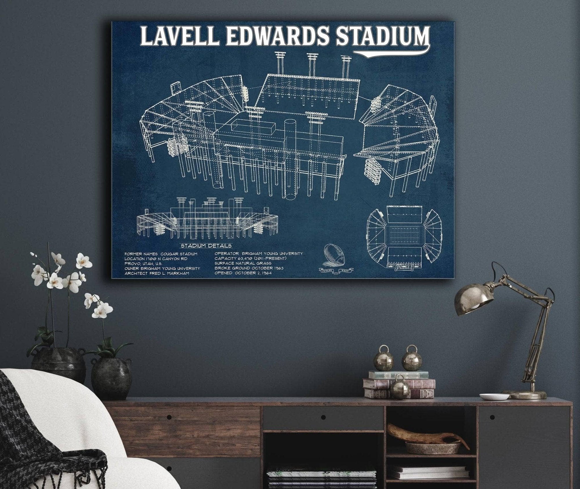 Cutler West College Football Collection BYU Cougars Stadium Art - Lavell Edwards Vintage Stadium & Blueprint Art Print