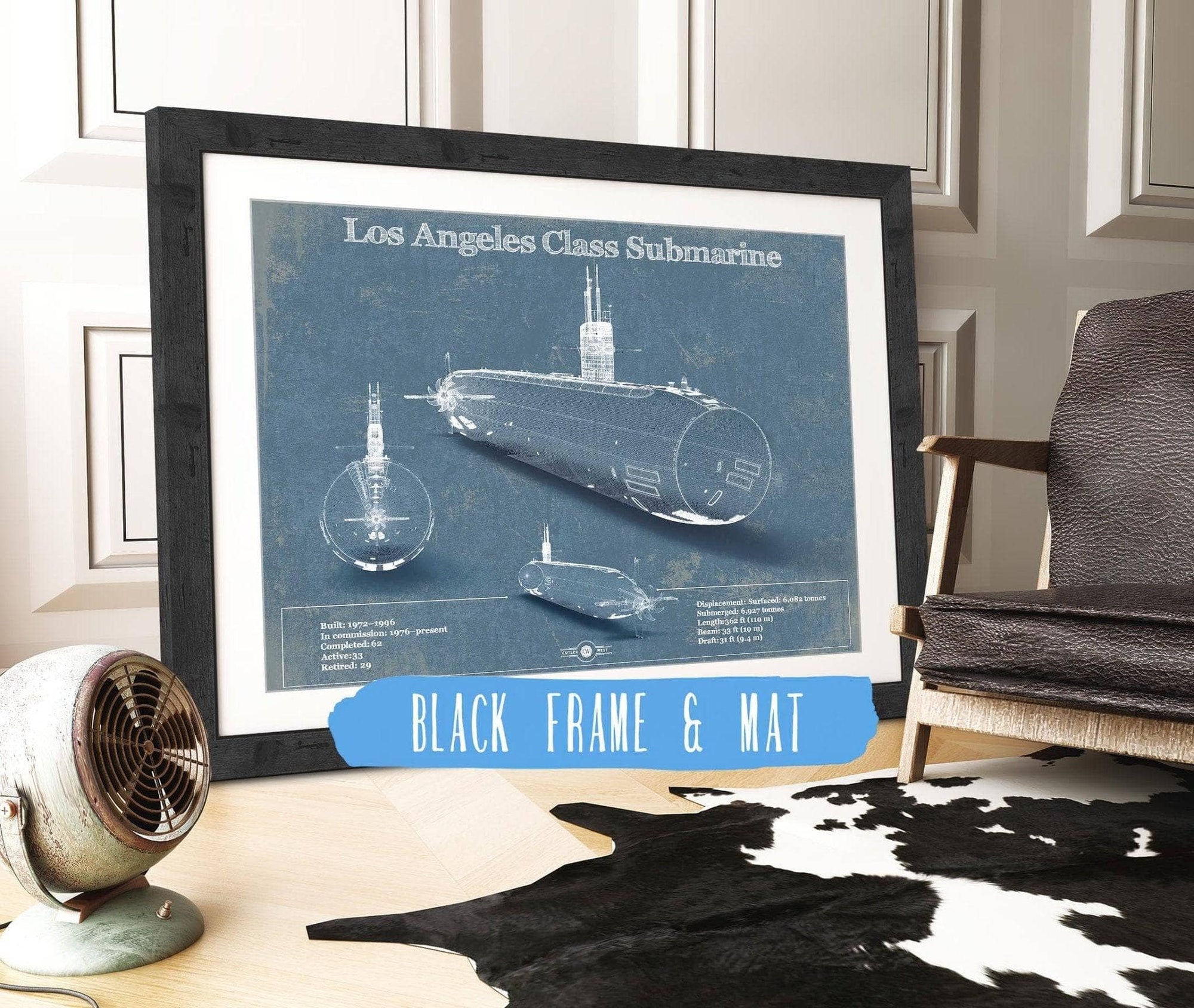 Cutler West Naval Military 14" x 11" / Black Frame & Mat Los Angeles-class submarine Blueprint Patent Original Art 845000153_65304