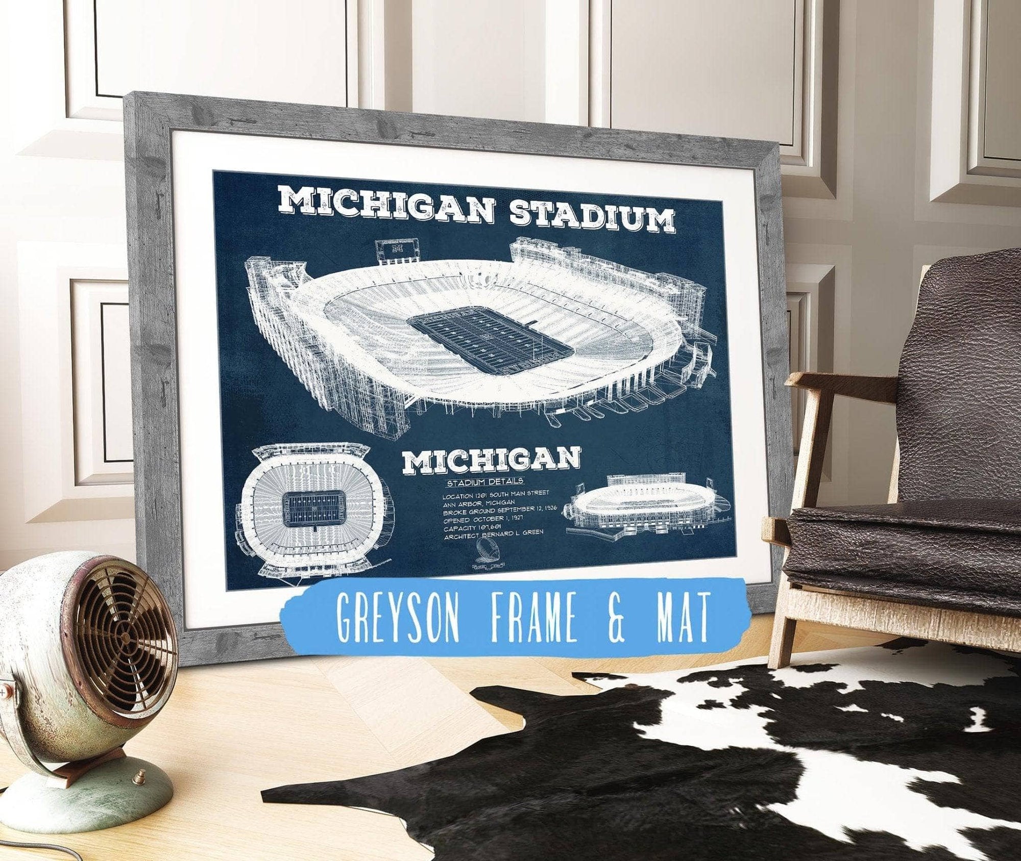 Cutler West College Football Collection 14" x 11" / Greyson Frame & Mat Michigan Wolverines Art - Michigan Stadium Vintage Stadium Blueprint Art Print 736786013_74064