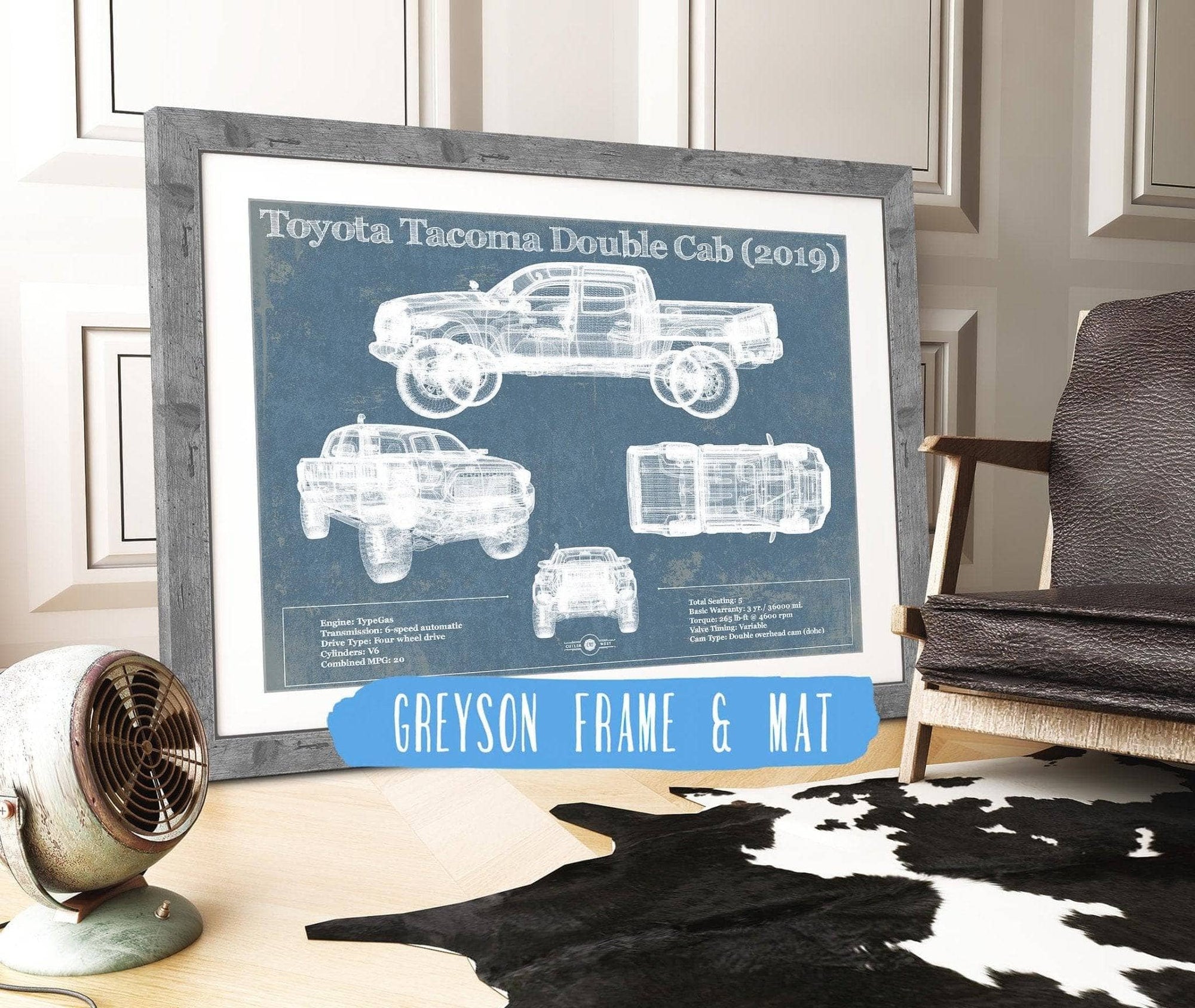 Cutler West Toyota Collection 14" x 11" / Greyson Frame & Mat Toyota Tacoma Double Cab (2019) Vintage Blueprint Auto Print 833110080_30860