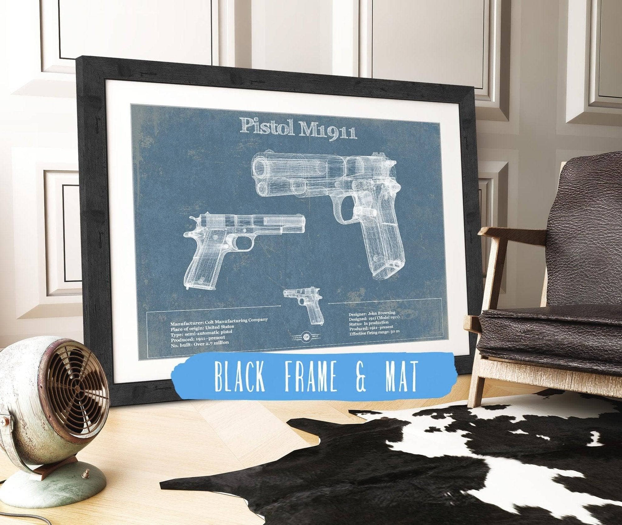 Cutler West Military Weapons Collection 14" x 11" / Black Frame & Mat Pistol M1911 Blueprint Vintage Gun Print 878209258_17085