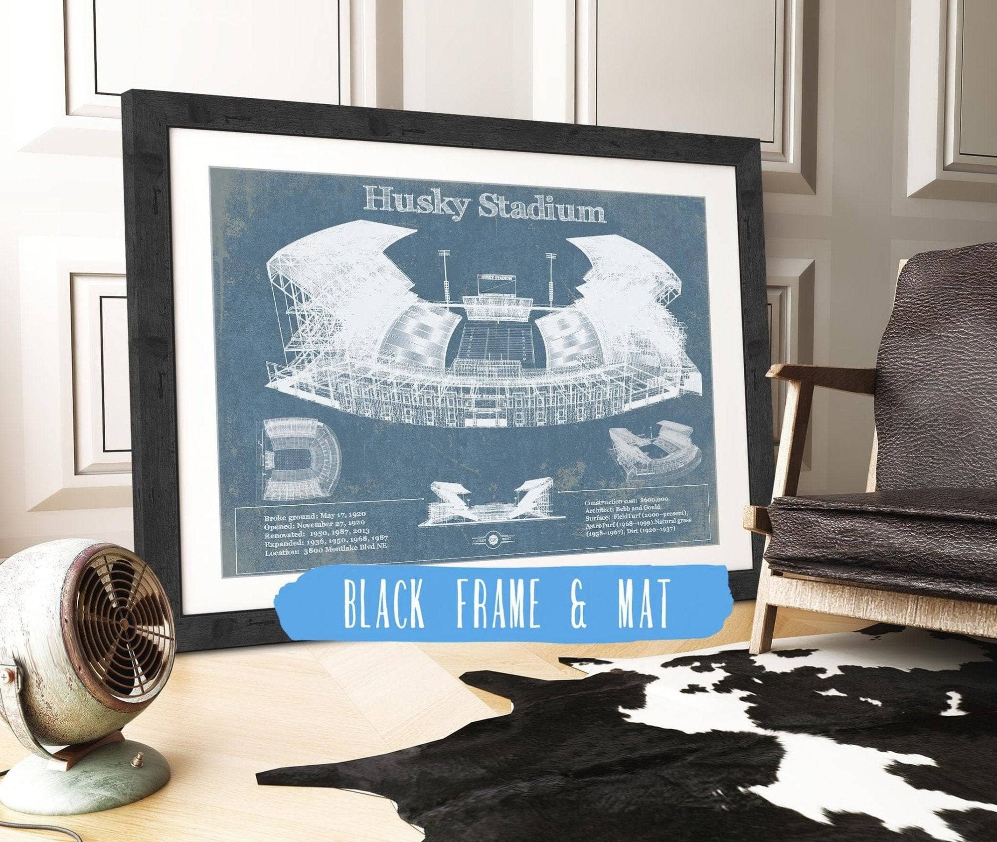 Cutler West 14" x 11" / Black Frame & Mat Washington Huskies Art Blue Version - Husky Stadium Vintage Stadium Blueprint Art Print 835000009-14"-x-11"59497