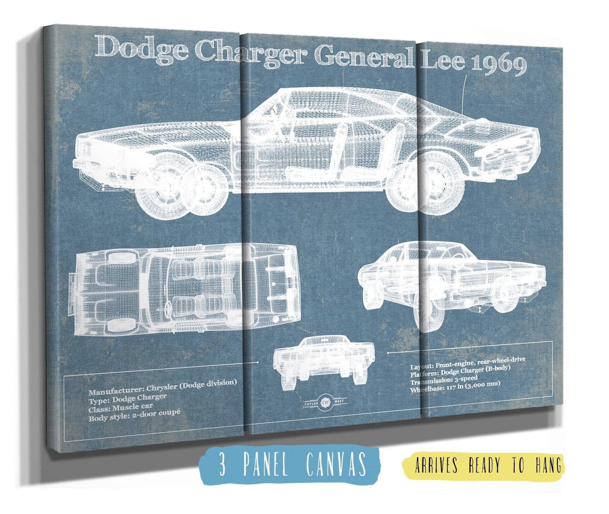 Cutler West Dodge Collection 48" x 32" / 3 Panel Canvas Wrap Dodge Charger (Mk2) (B Body) General Lee 1969 Vintage Blueprint Auto Print 833110046_55123