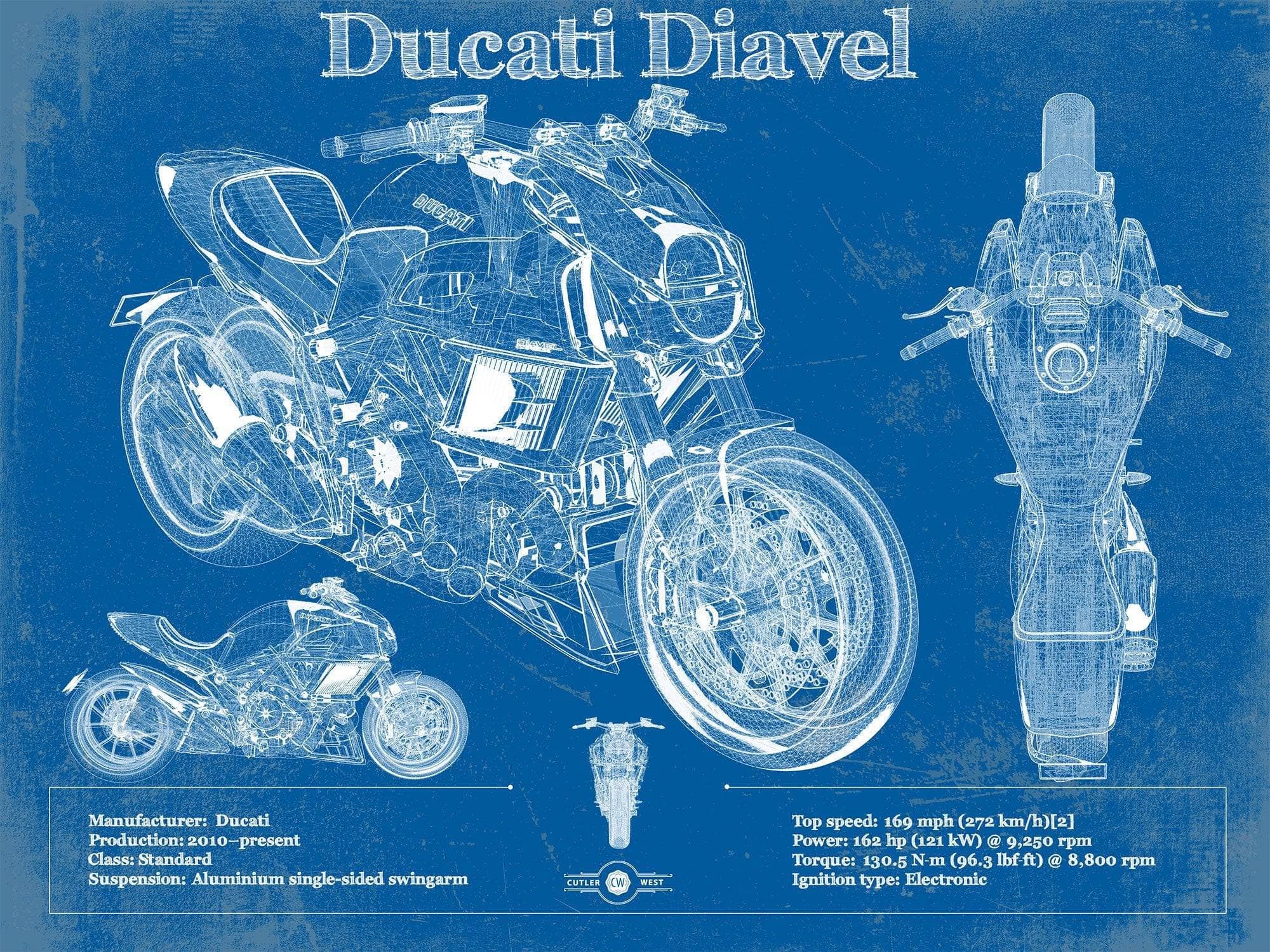 Cutler West 14" x 11" / Unframed Ducati Diavel Blueprint Motorcycle Patent Print 845000332_61541