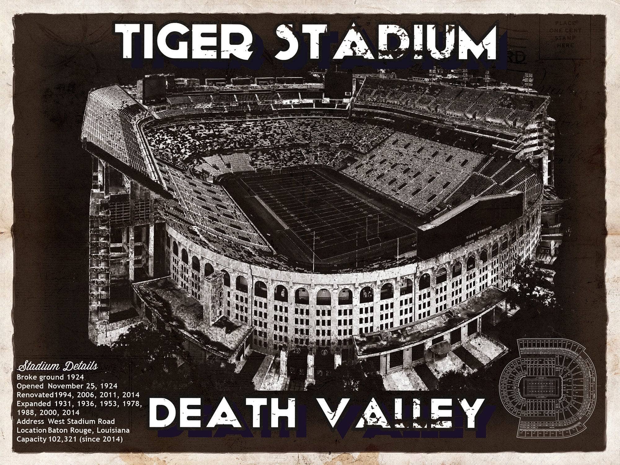 Cutler West College Football Collection 14" x 11" / Unframed Tiger Stadium Art - LSU Tigers Vintage Stadium & Blueprint Art Print 933311065