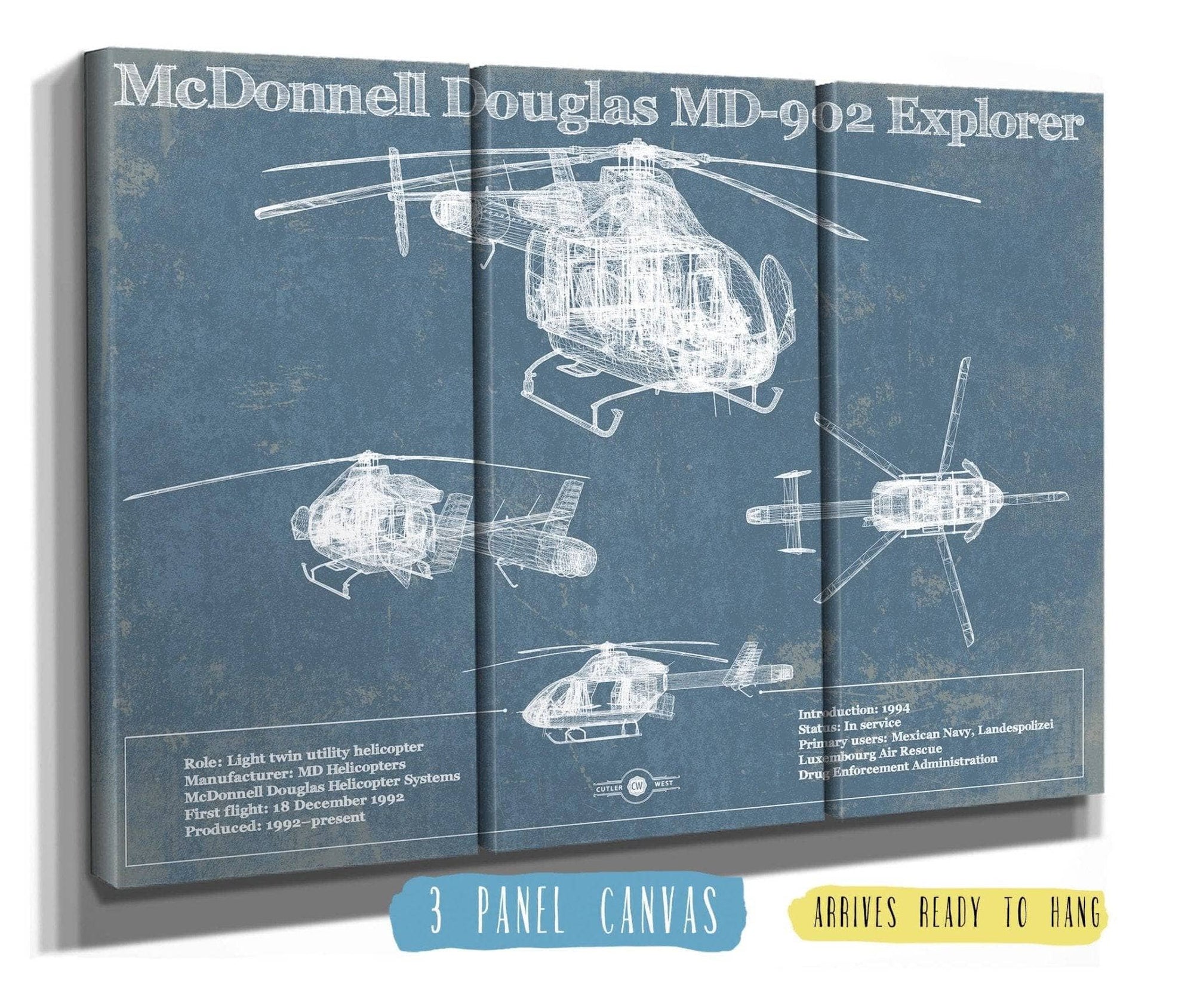 Cutler West McDonnell Douglas Collection 48" x 32" / 3 Panel Canvas Wrap McDonnell Douglas MD-902 Explorer Vintage Blueprint Helicopter Print 881604450_18312