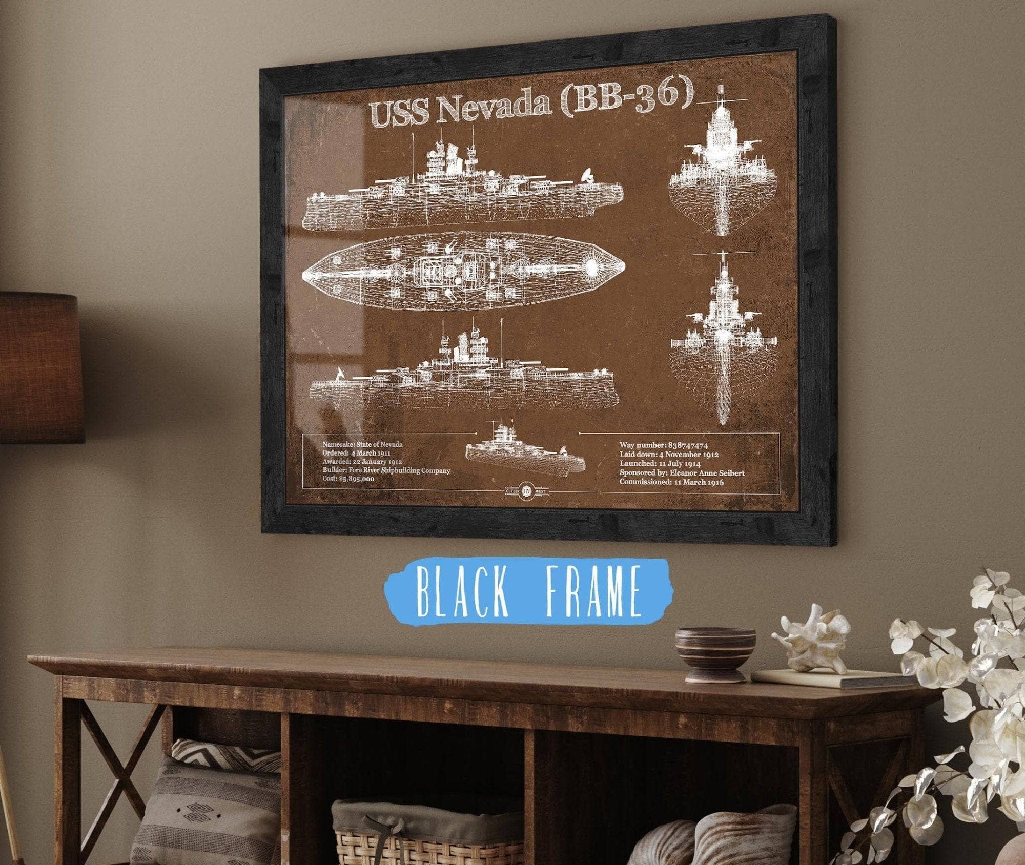 Cutler West Naval Military 14" x 11" / Black Frame USS Nevada (BB-36) Battleship Blueprint Original Military Wall Art - Customizable 933350082_27503