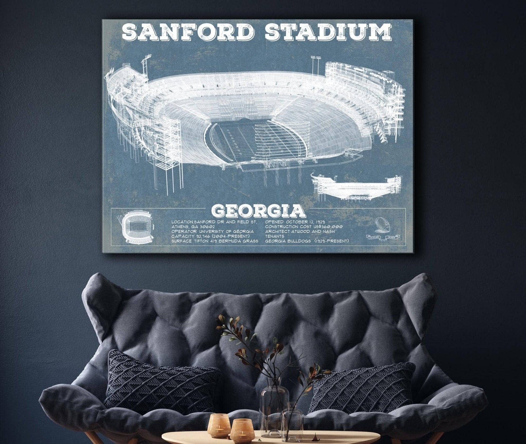 Cutler West College Football Collection Georgia Bulldogs Team Color - Sanford Stadium Vintage Football Blueprint Art Print