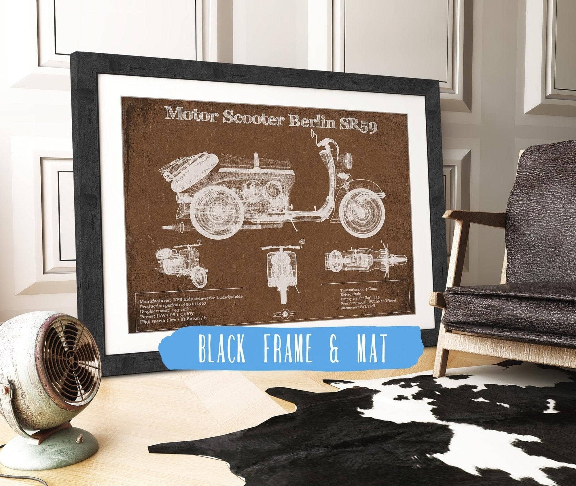 Cutler West 14" x 11" / Black Frame & Mat Motor Scooter IWL Berlin SR59 Vintage Blueprint Motorcycle Print 933350047_15898