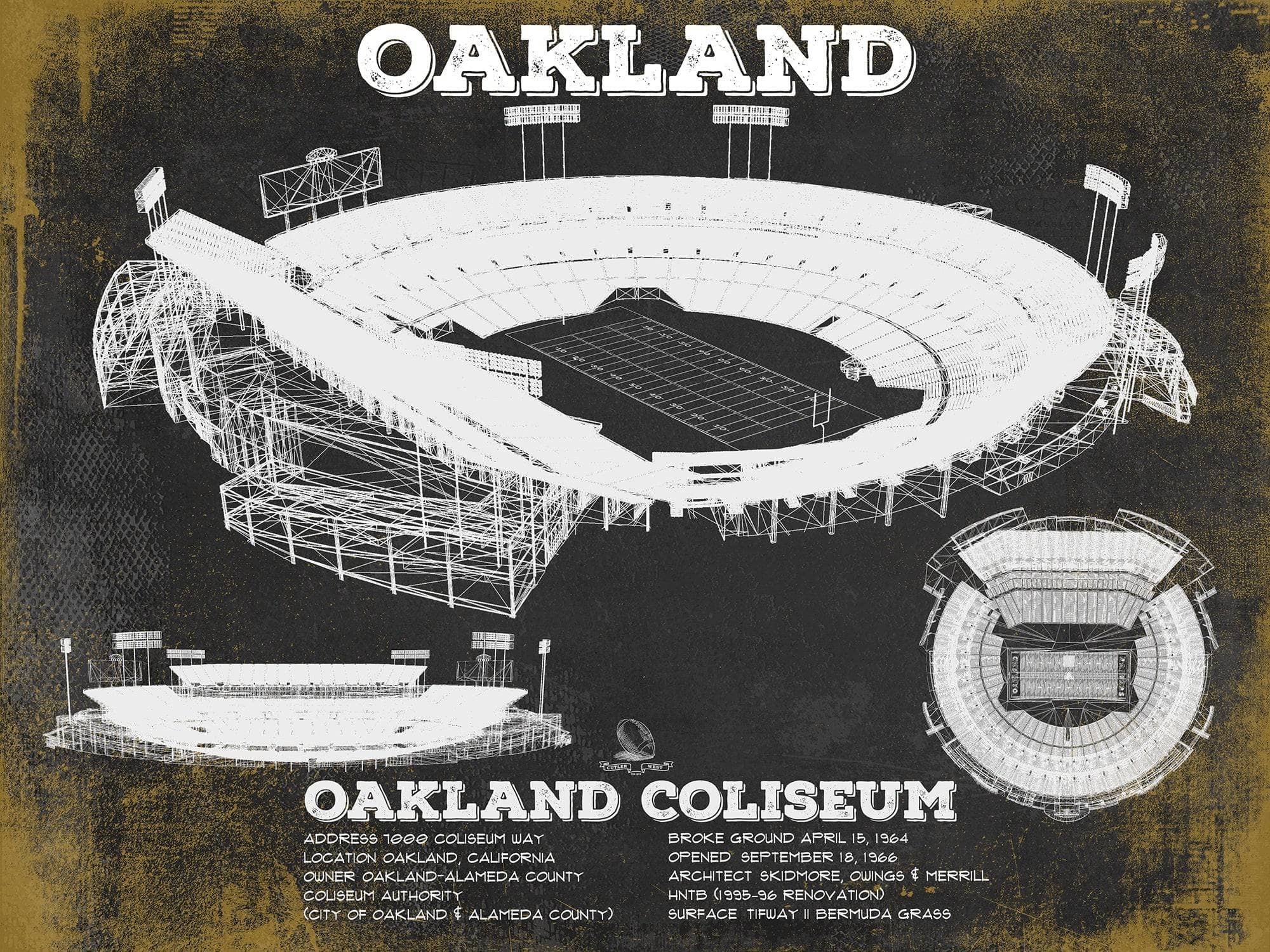 Cutler West Pro Football Collection 14" x 11" / Unframed Oakland Raiders Team Colors Oakland Coliseum NFL Vintage Football Print 933350154_70427