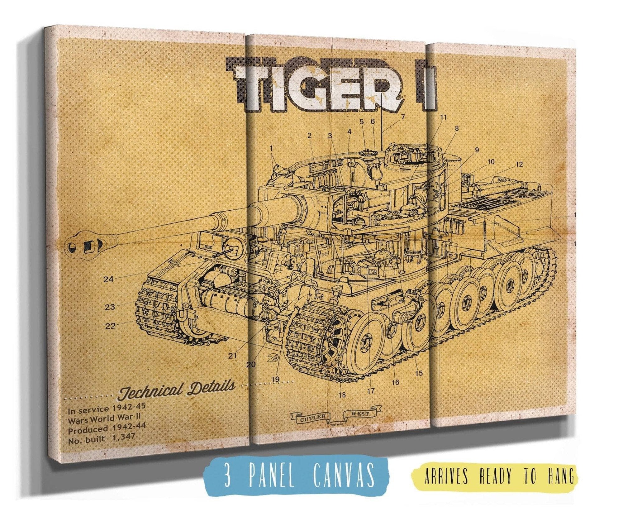 Cutler West Military Weapons Collection 48" x 32" / 3 Panel Canvas Wrap Tiger I Vintage German Tank Military Print 715557733_25242
