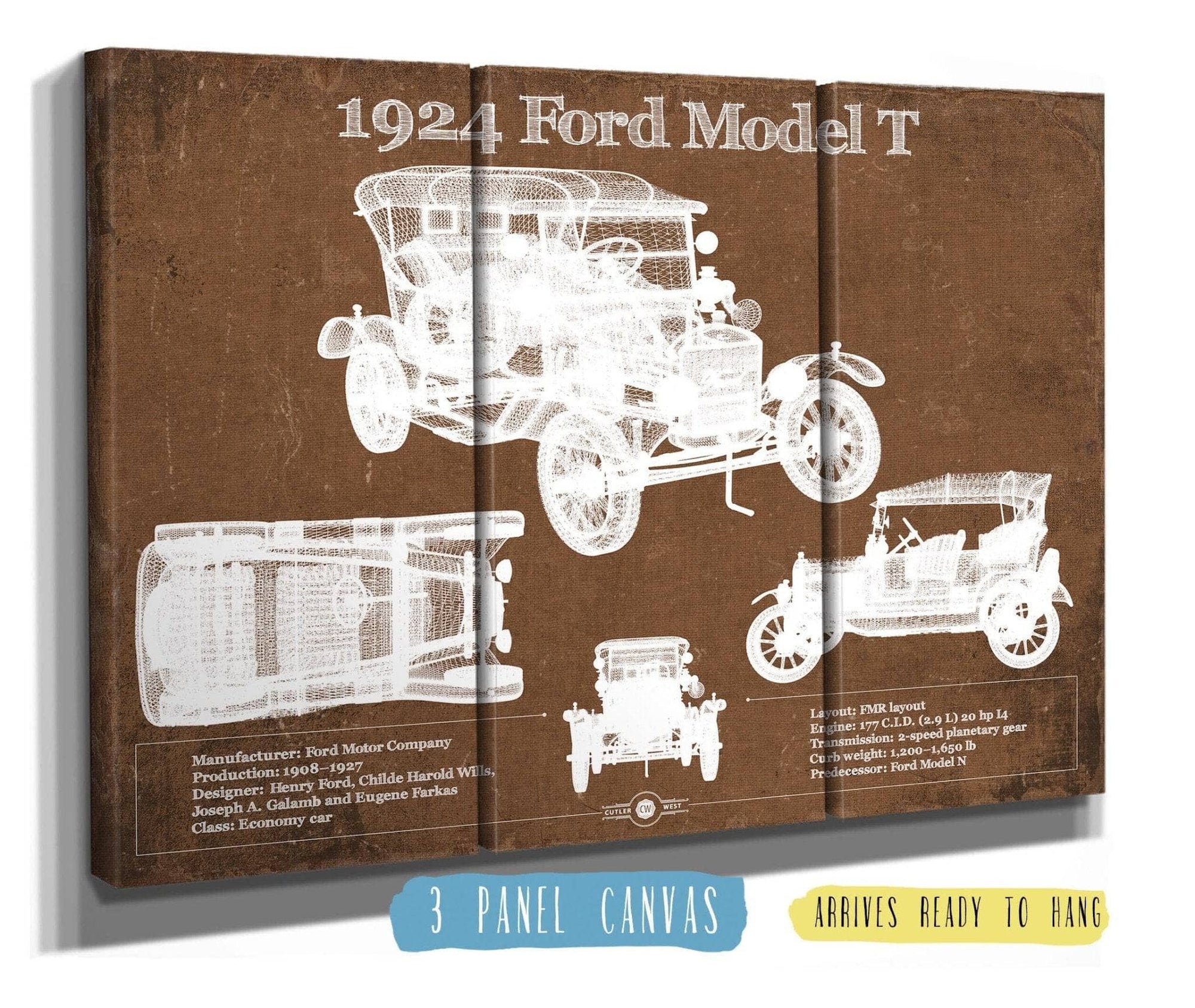 Cutler West Ford Collection 48" x 32" / 3 Panel Canvas Wrap 1924 Ford Model T Vintage Blueprint Auto Print 933350040_33806