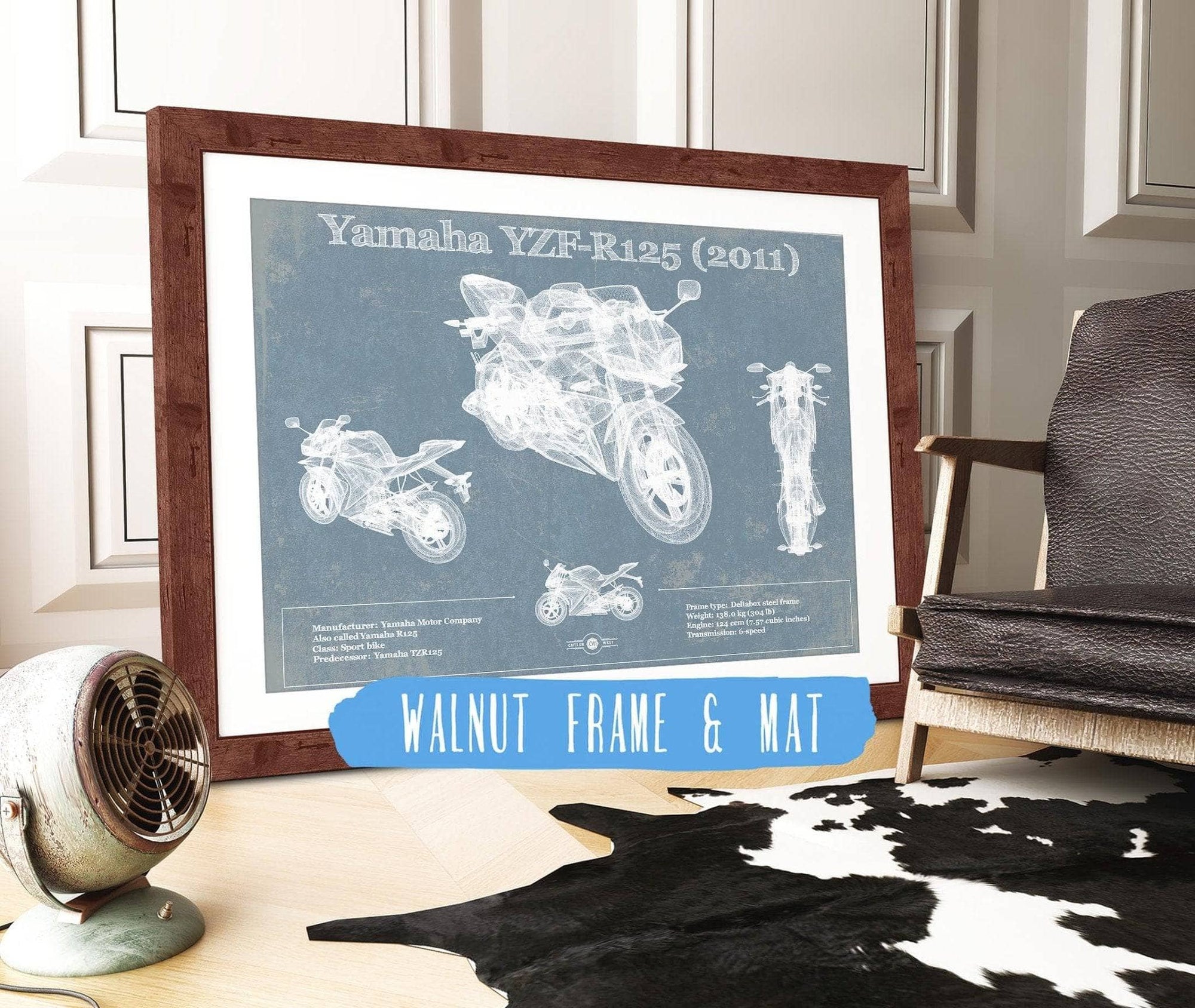 Cutler West 14" x 11" / Walnut Frame & Mat Yamaha SR125 Blueprint Motorcycle Patent Print 833110054-14"-x-11"7655