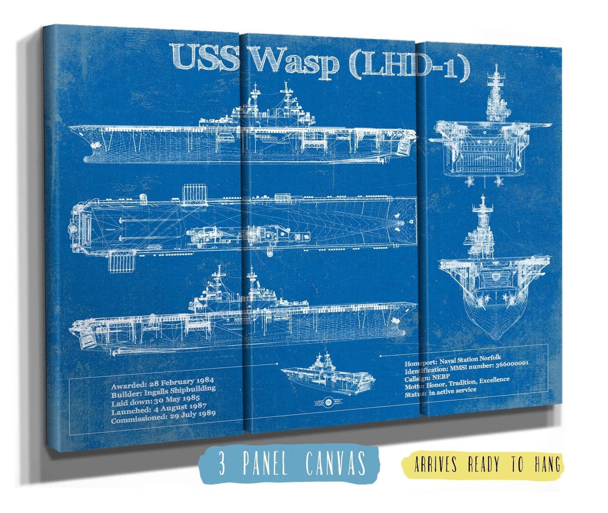 Cutler West Naval Military 48" x 32" / 3 Panel Canvas Wrap USS Wasp (LHD-1) Aircraft Carrier Blueprint Original Military Wall Art - Customizable 933311001_27750