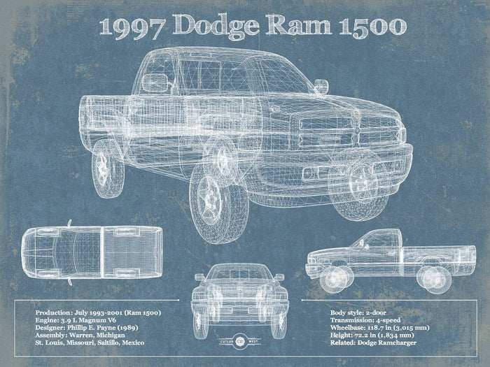 Cutler West Dodge Collection 14" x 11" / Unframed 1997 Dodge Ram 1500 Vintage Blueprint Auto Print 845000267_39563
