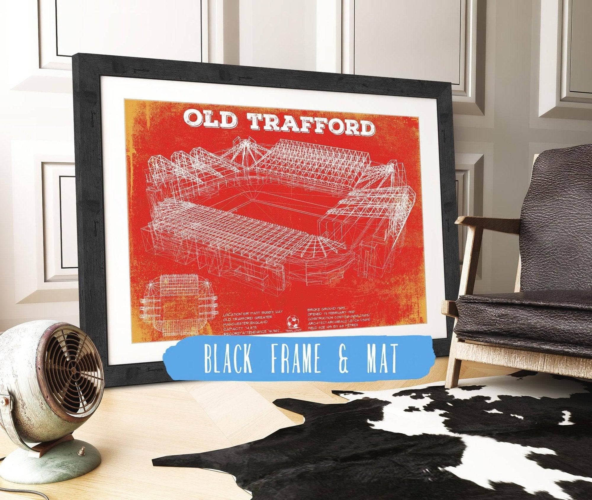 Cutler West Soccer Collection Manchester United F.C. (MU Red Devil) - Old Trafford Stadium Team Color Blueprint Vintage Soccer Print
