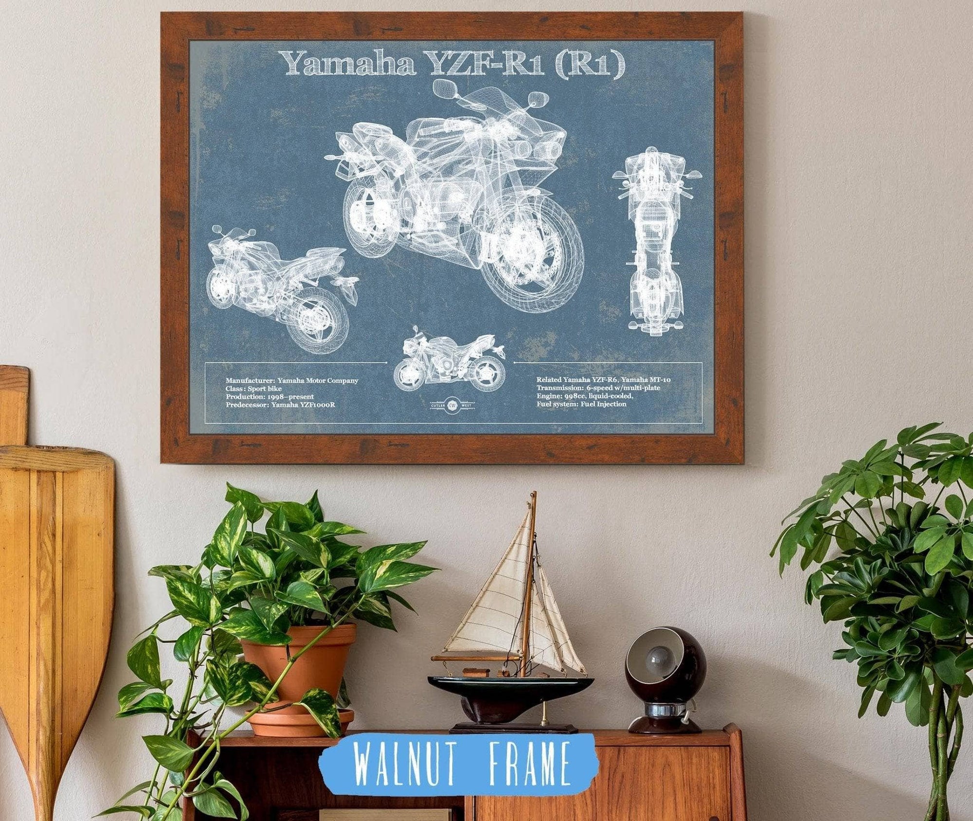 Cutler West 14" x 11" / Walnut Frame Yamaha YZF-R1 (R1) Blueprint Motorcycle Patent Print 888114587-14"-x-11"5278