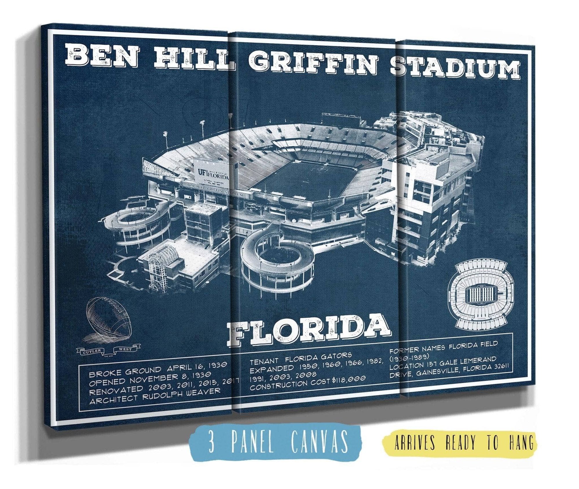 Cutler West Pro Football Collection 48" x 32" / 3 Panel Canvas Wrap Ben Hill Griffin Stadium Art - University of Florida Gators Vintage Stadium Art Print 736879125_35323
