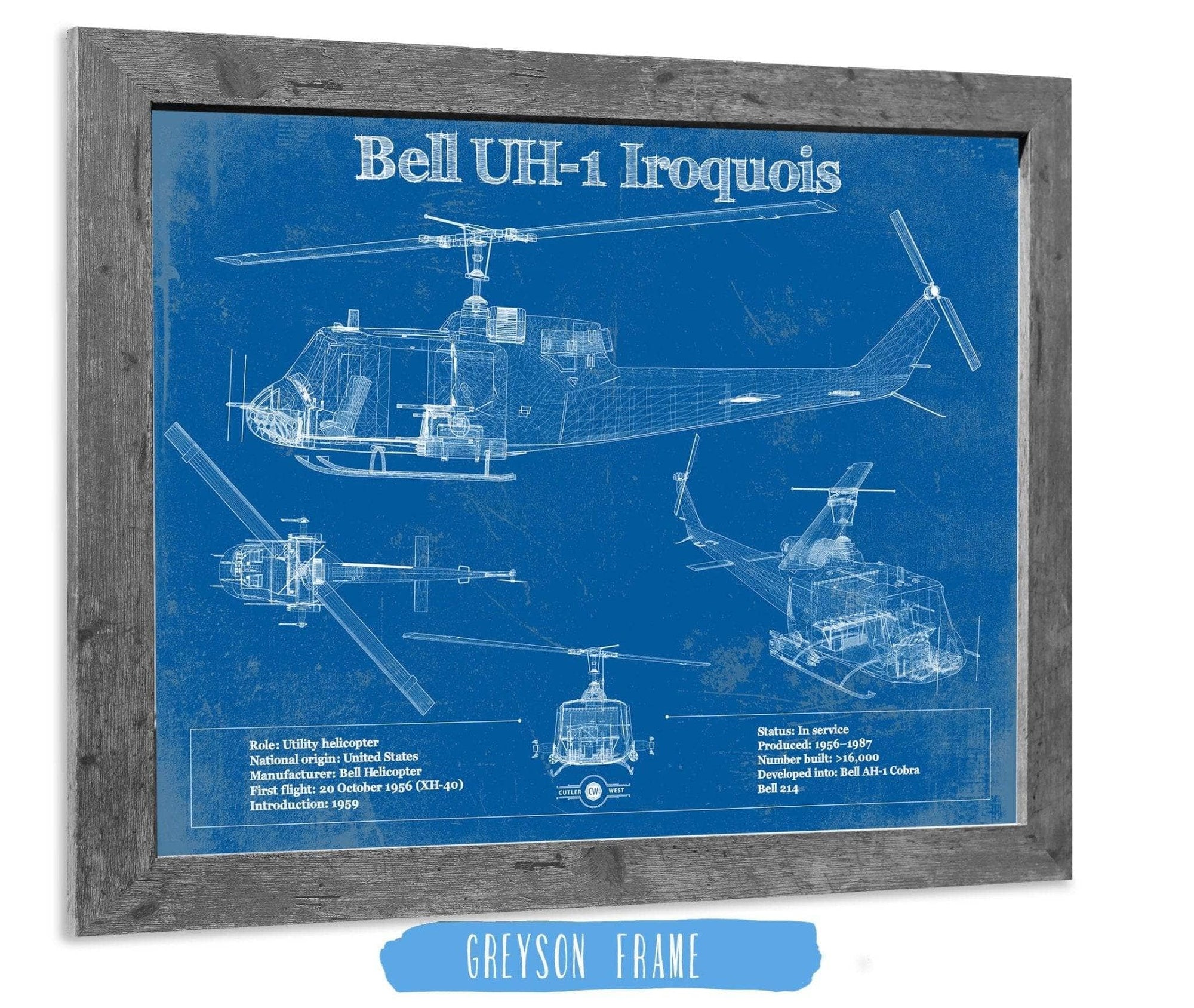 Cutler West Military Aircraft 14" x 11" / Greyson Frame Bell UH-1 Iroquois (Huey) Vintage Blueprint Helicopter Print 833110167_35346