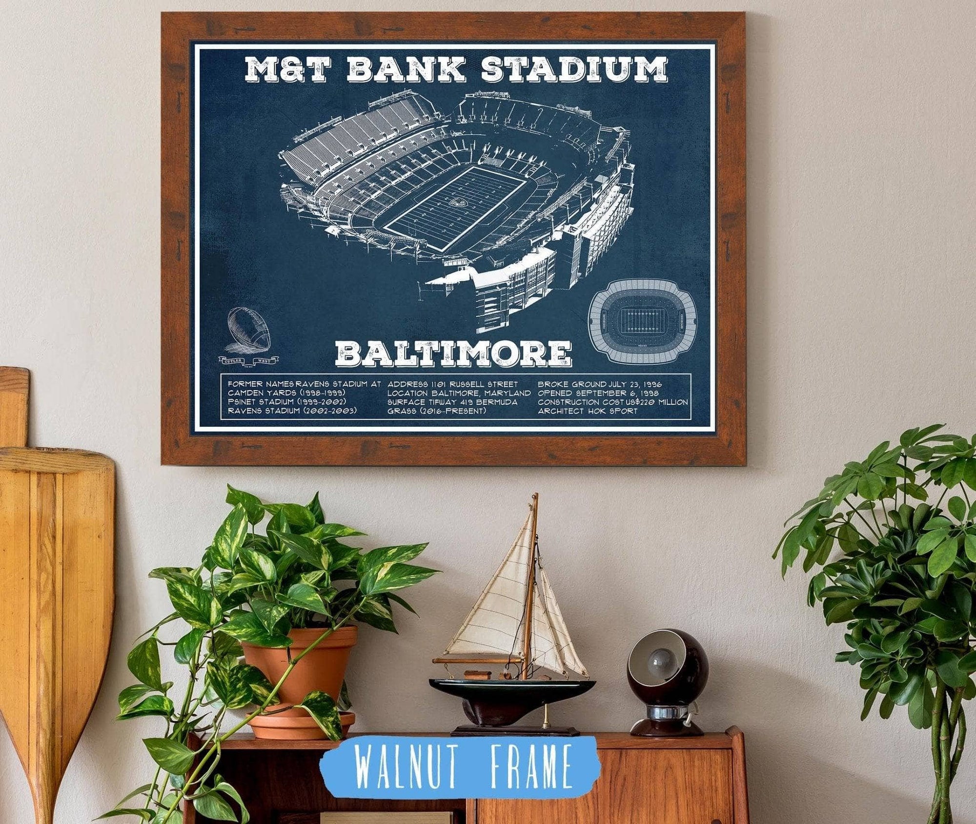 Cutler West Pro Football Collection 14" x 11" / Walnut Frame Baltimore Ravens - M&T Bank Stadium - Vintage Football Print 635803678-TOP
