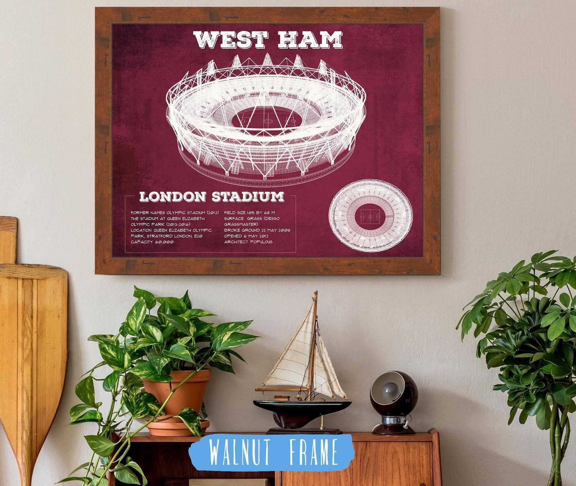 Cutler West 14" x 11" / Walnut Frame West Ham United FC - Vintage London Stadium Soccer Print 736809452-14"-x-11"3436