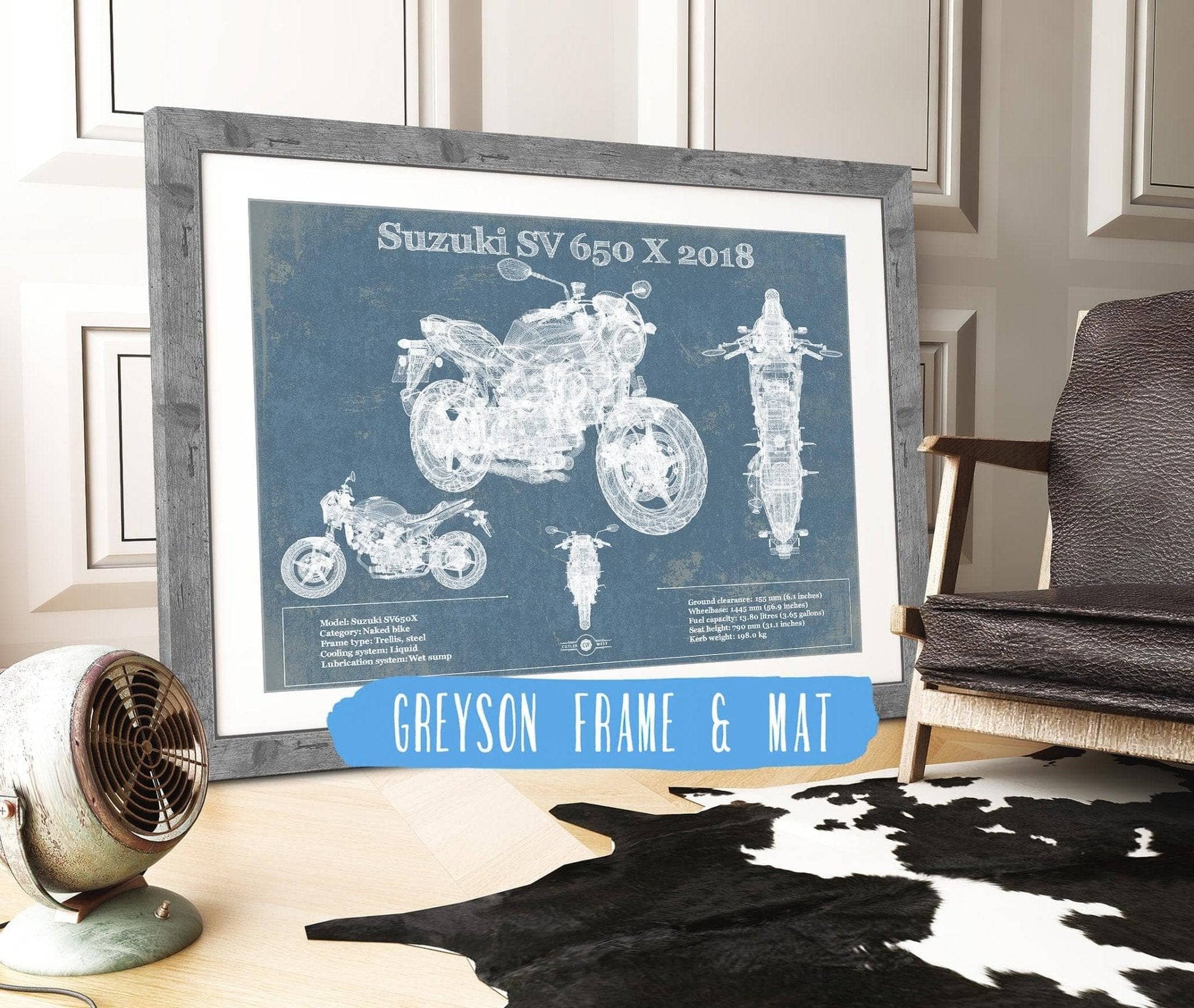 Cutler West 14" x 11" / Greyson Frame & Mat Suzuki SV 650 X 2018 Blueprint Motorcycle Patent Print 845000300_30002