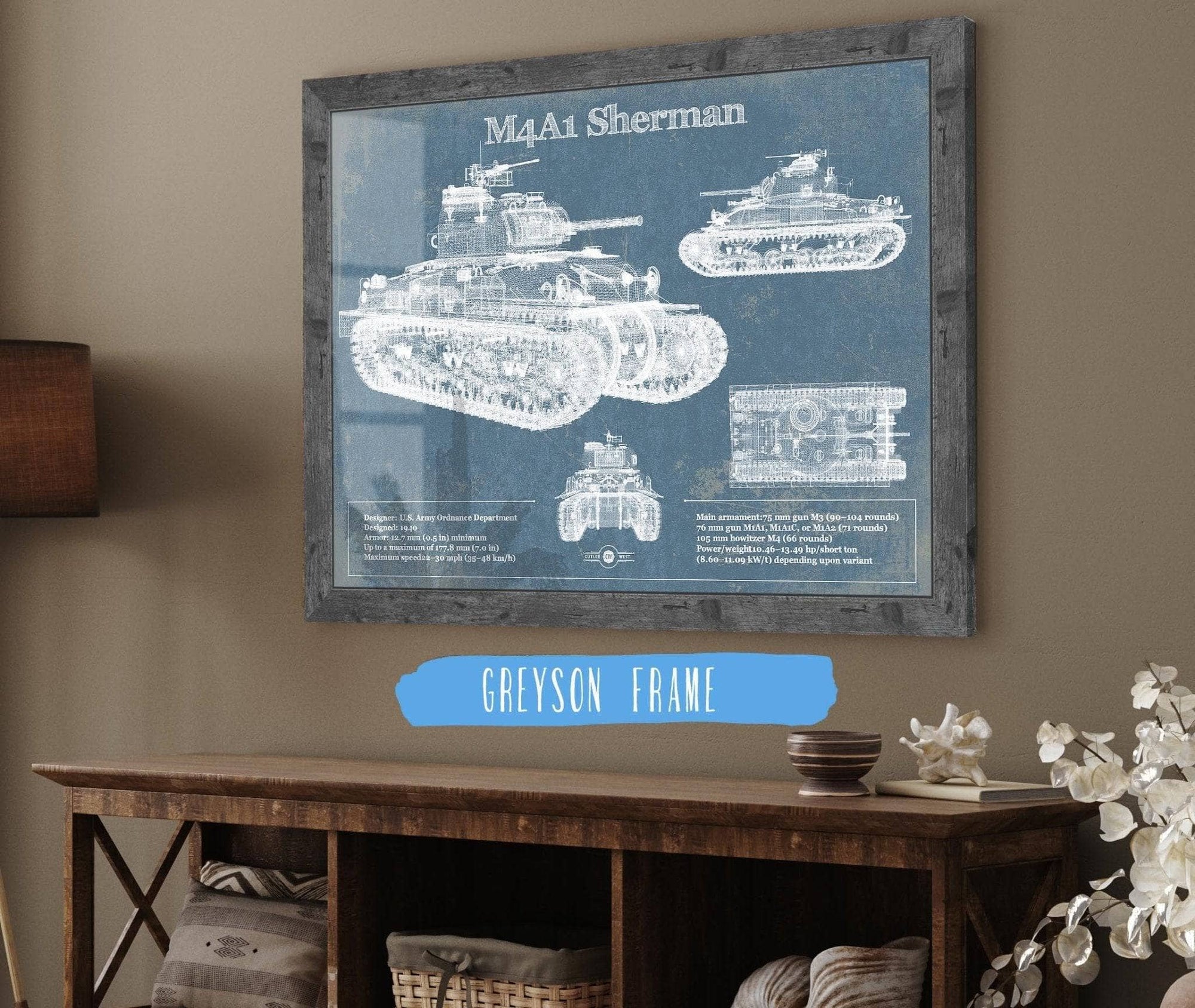 Cutler West Military Weapons Collection M4A1 Sherman Tank Vintage Blueprint Print