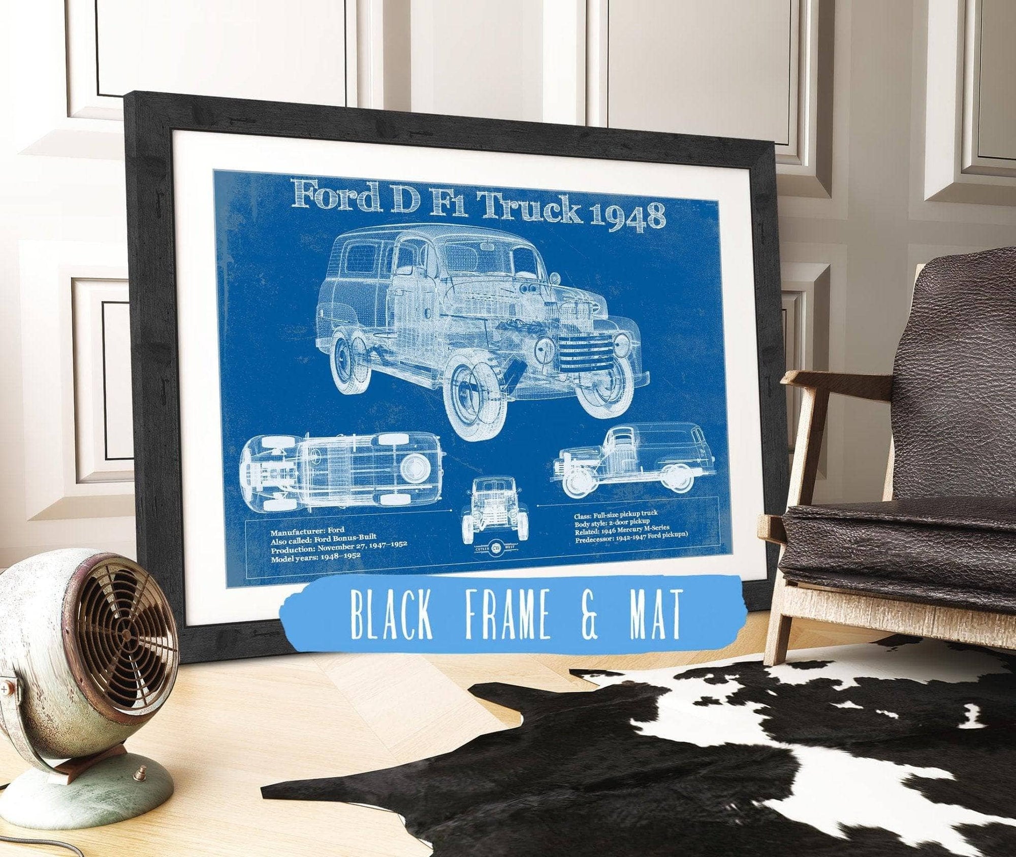 Cutler West Ford Collection 14" x 11" / Black Frame & Mat Ford D F1 1948 Truck Vintage Blueprint Auto Print 945000336