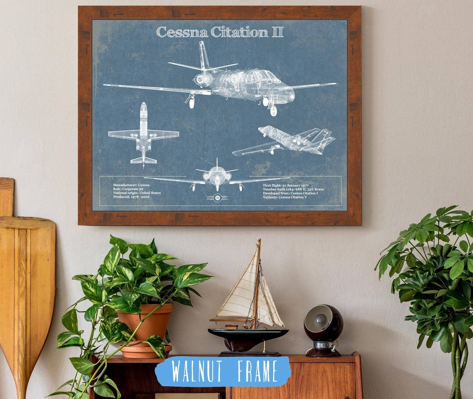 Cutler West Cessna Collection 14" x 11" / Walnut Frame Cessna Citation CJ4 Vintage Blueprint Airplane Print 967647997_49862