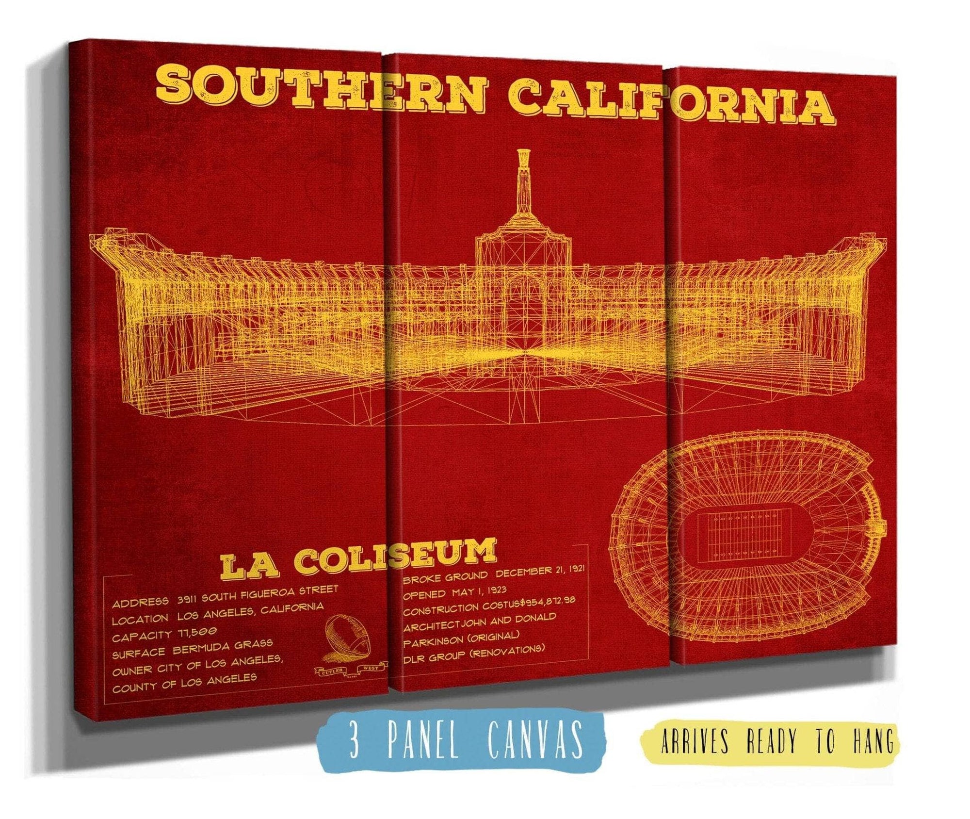 Cutler West College Football Collection 48" x 32" / 3 Panel Canvas Wrap Vintage USC Trojans - LA Coliseum Blueprint Art Print 737528166-48"-x-32"66140