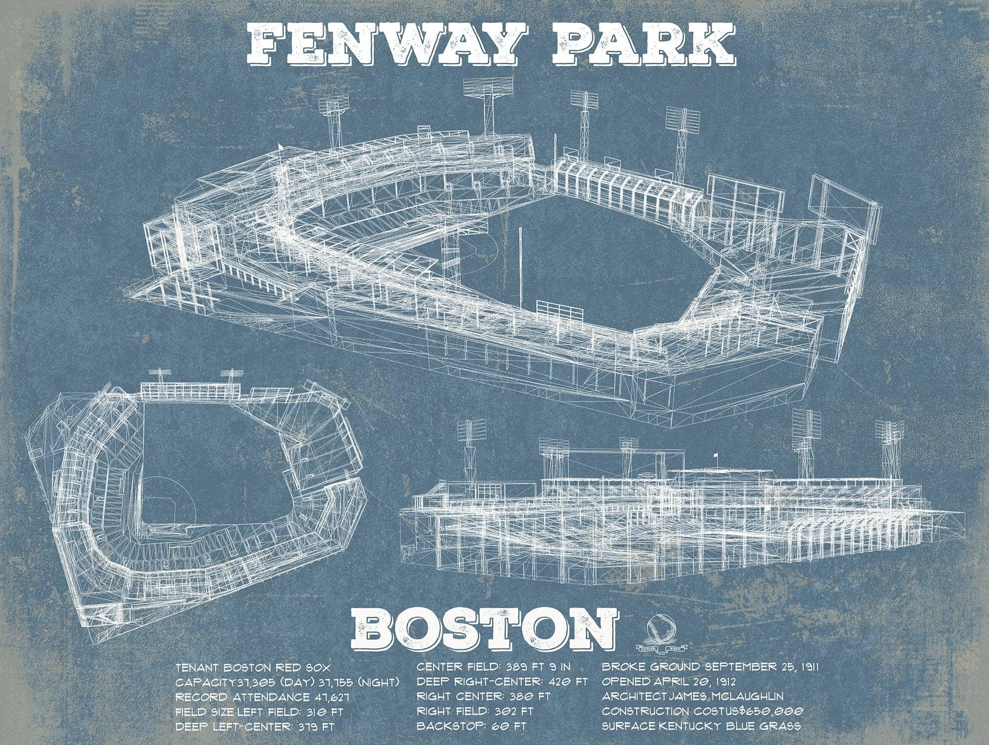 Cutler West Baseball Collection Vintage Boston Red Sox - Fenway Park Baseball Print