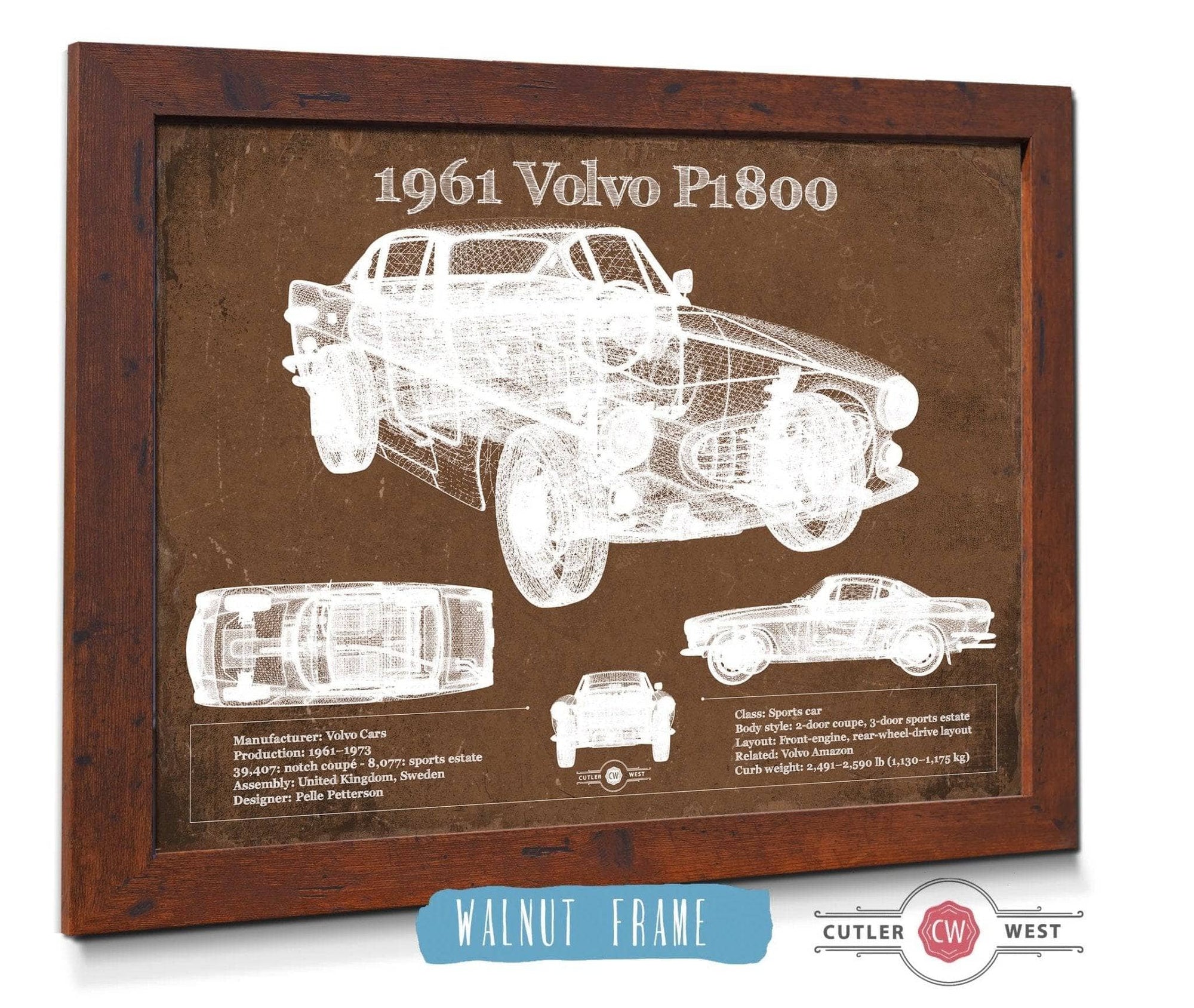 Cutler West Vehicle Collection 1961 Volvo P1800 Vintage Blueprint Auto Print