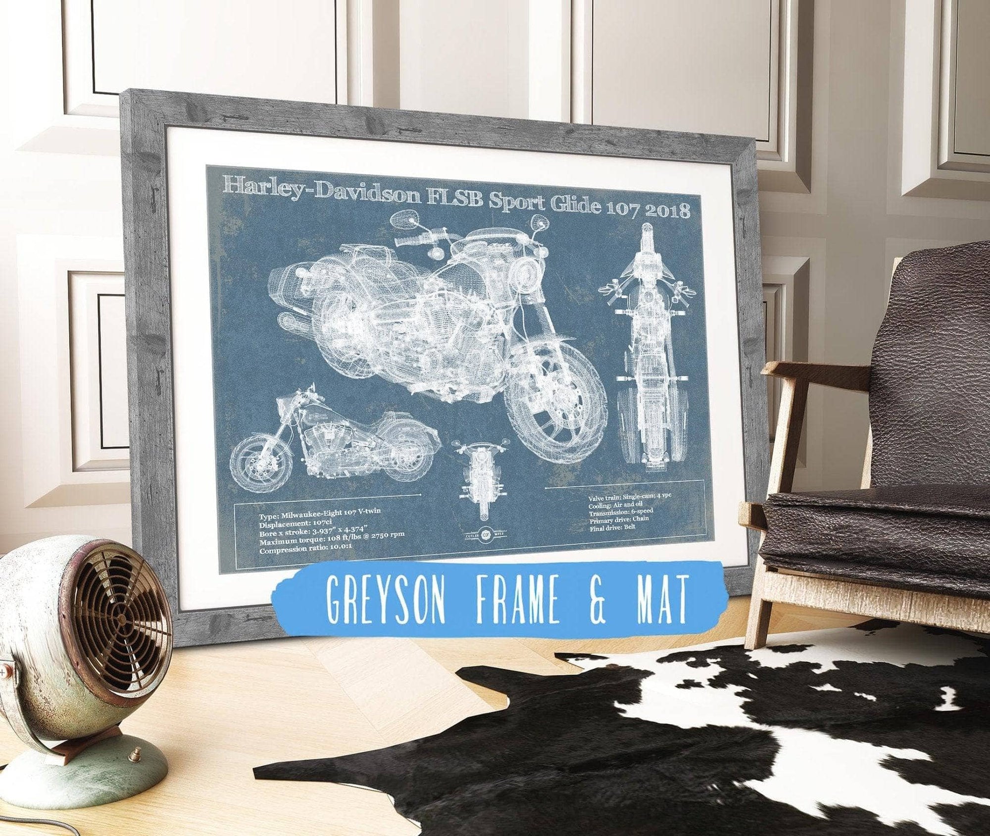 Cutler West 14" x 11" / Greyson Frame & Mat Harley-Davidson FLSB Sport Glide 107 2018 Blueprint Motorcycle Patent Print 933452368_16828