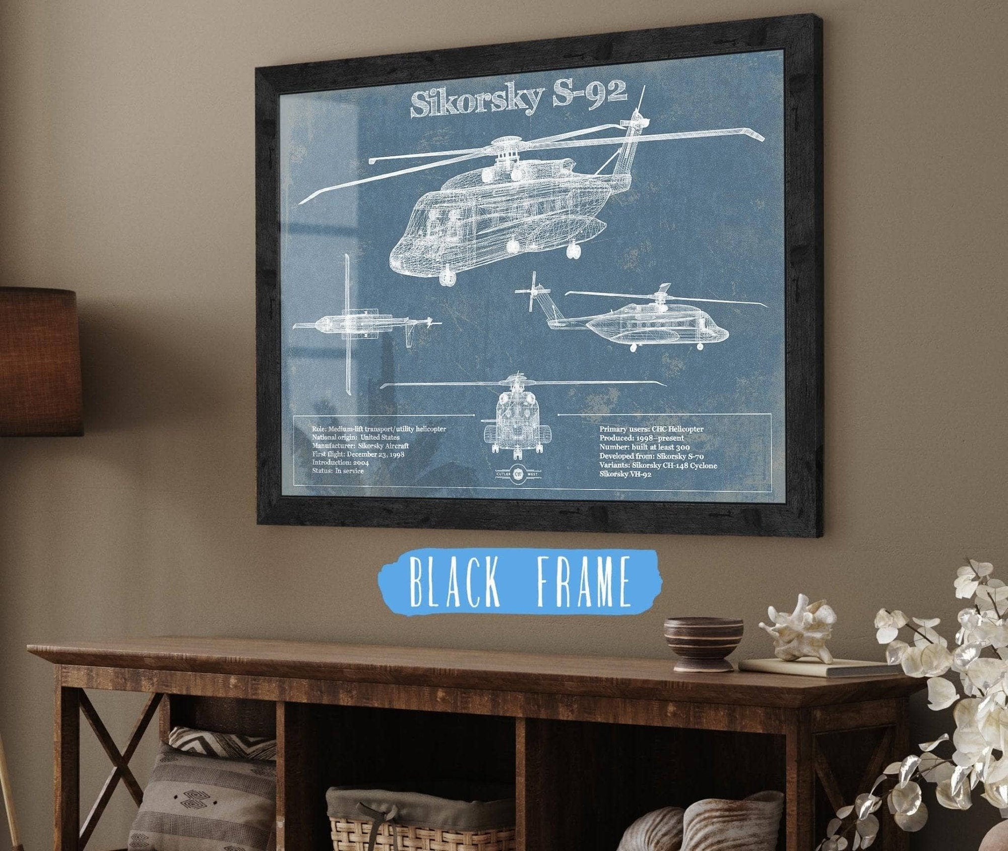 Cutler West Military Aircraft 14" x 11" / Black Frame Sikorsky S-92 Helicopter Vintage Aviation Blueprint Military Print 833110073_19847