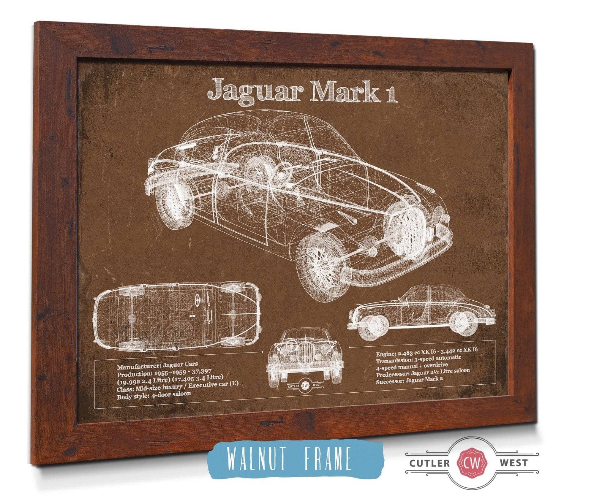 Cutler West Jaguar Mark 1 (Dark Green) Blueprint Vintage Auto Print
