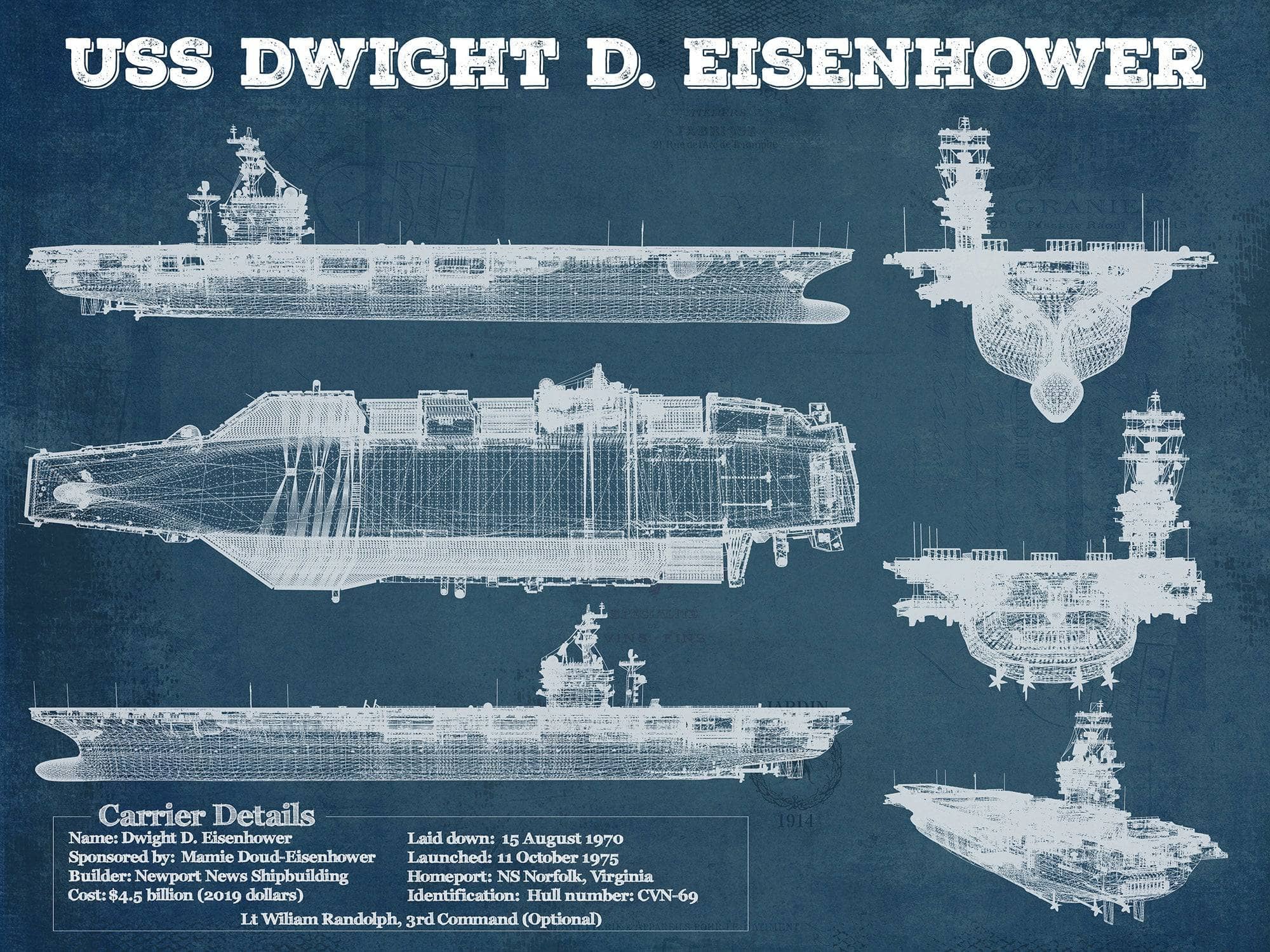 Cutler West Naval Military 14" x 11" / Unframed USS Dwight Eisenhower CVN69 Aircraft Carrier Blueprint Original Military Wall Art - Customizable 835000060-TOP