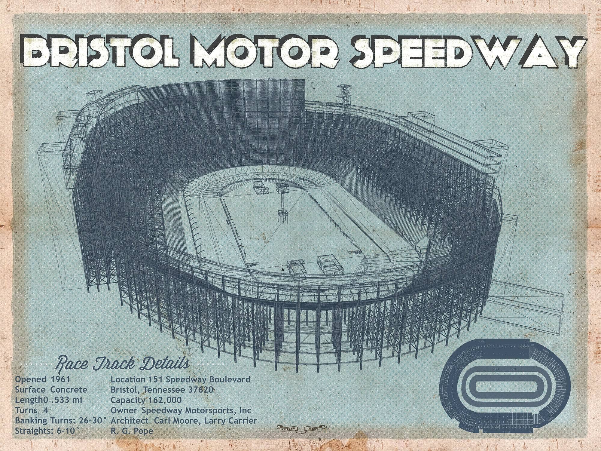 Cutler West Racetrack Collection 14" x 11" / Unframed Bristol Speedway Blueprint NASCAR Race Track Print 716409711-TOP