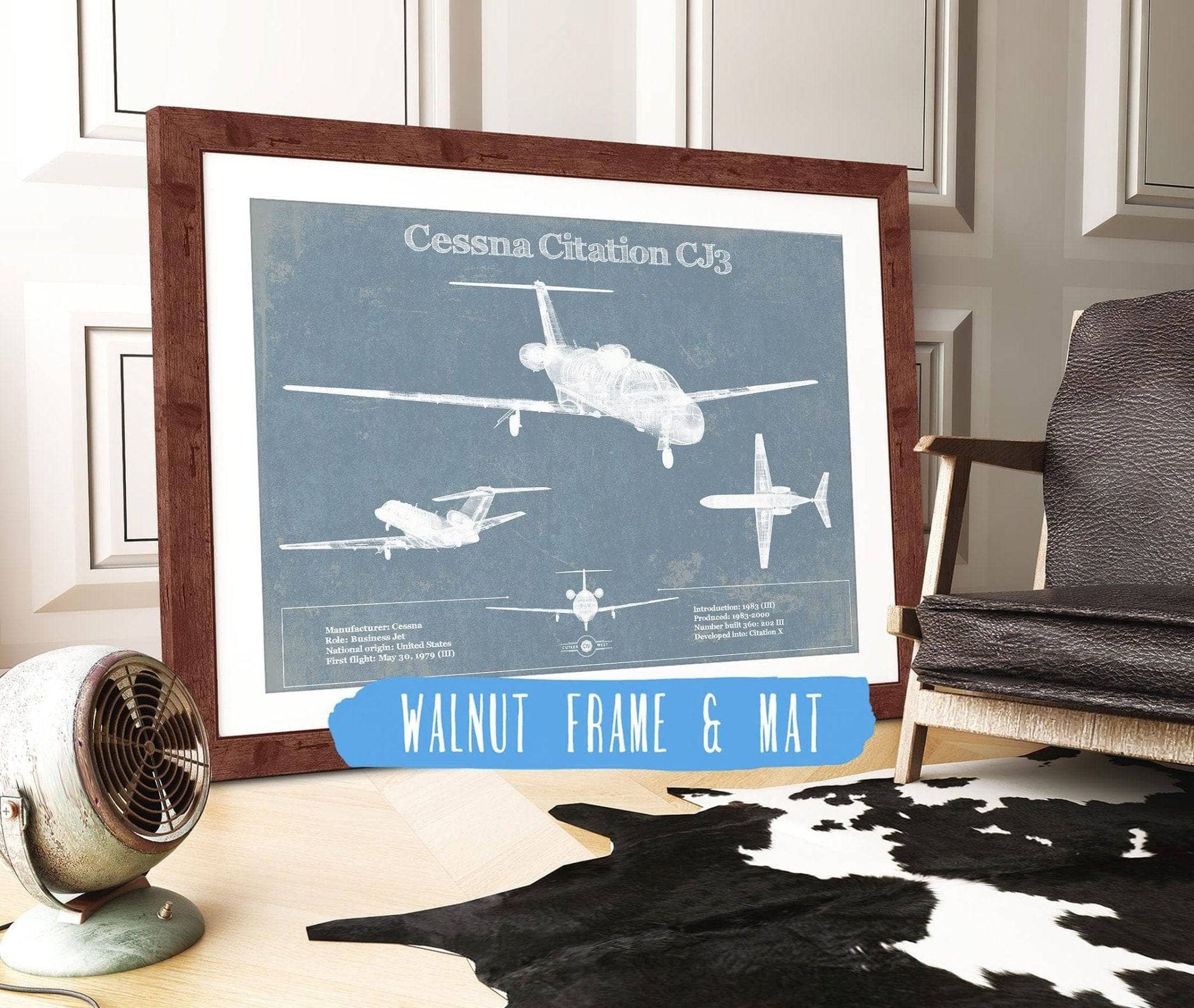 Cutler West Cessna Collection 14" x 11" / Walnut Frame & Mat Cessna Citation CJ3 Original Blueprint Art 845000290_49929