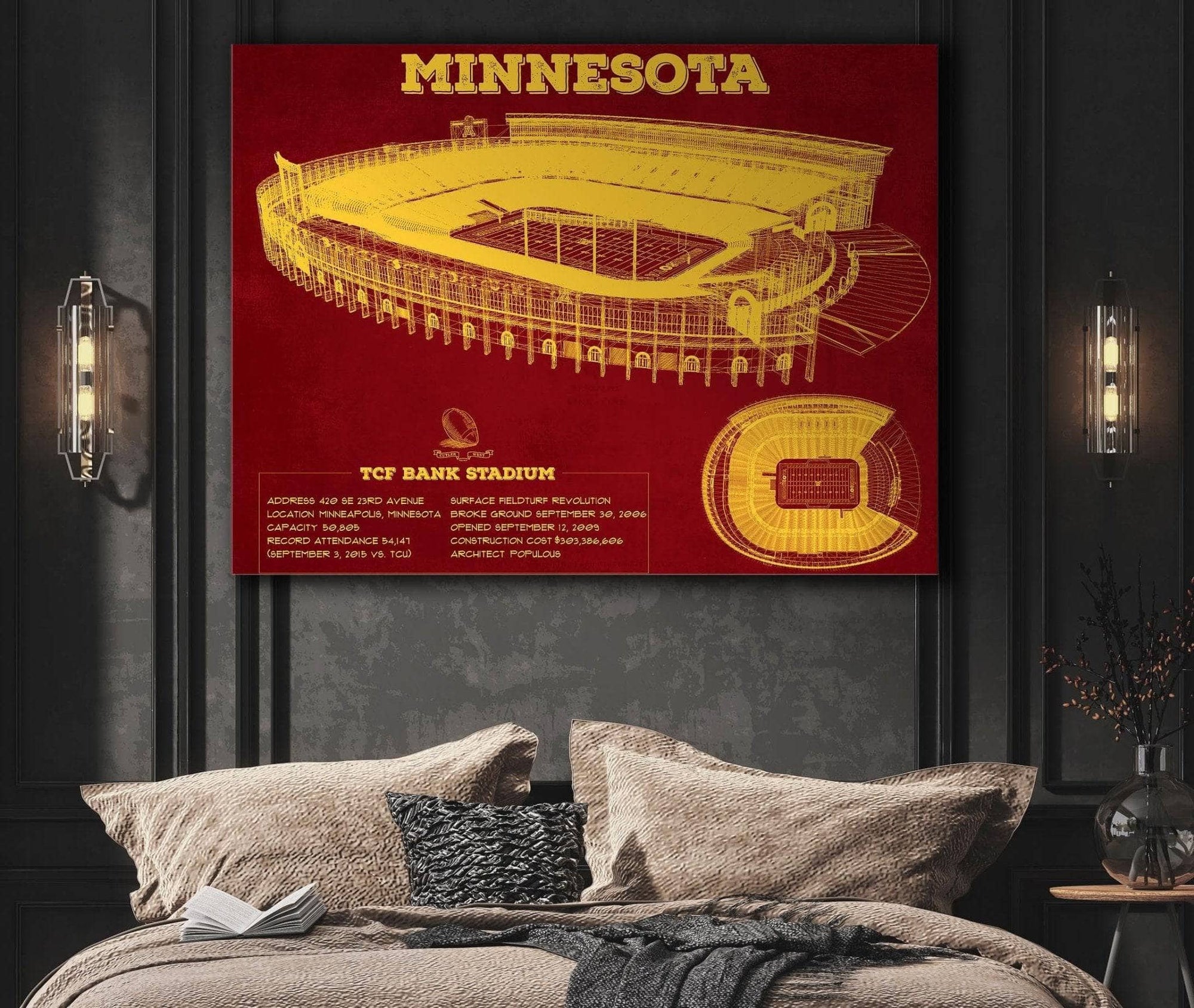 Cutler West College Football Collection Minnesota Gophers - Vintage TCF Bank Stadium  Blueprint Art Print