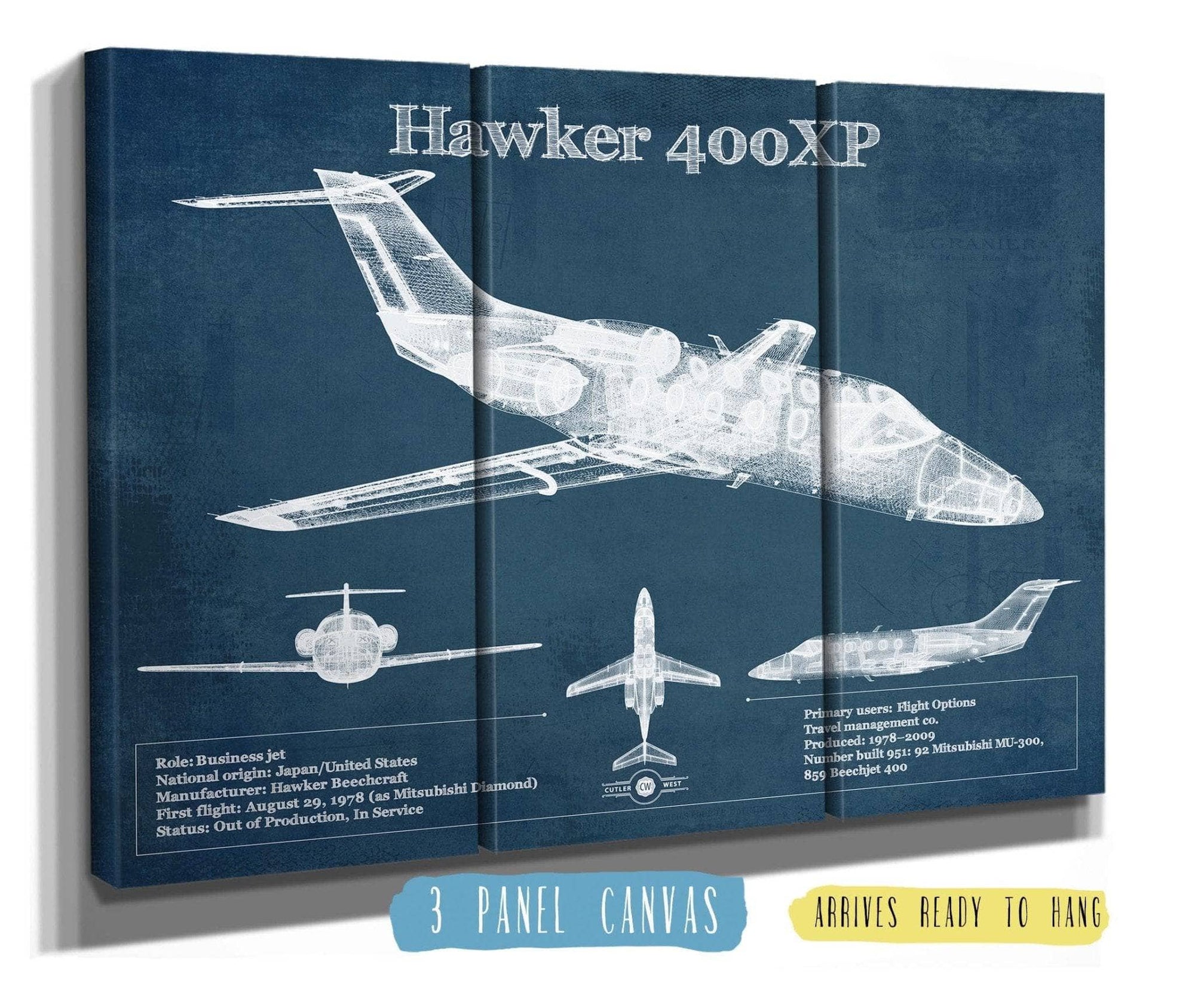 Cutler West Hawker 400XP Vintage Blueprint Airplane Print