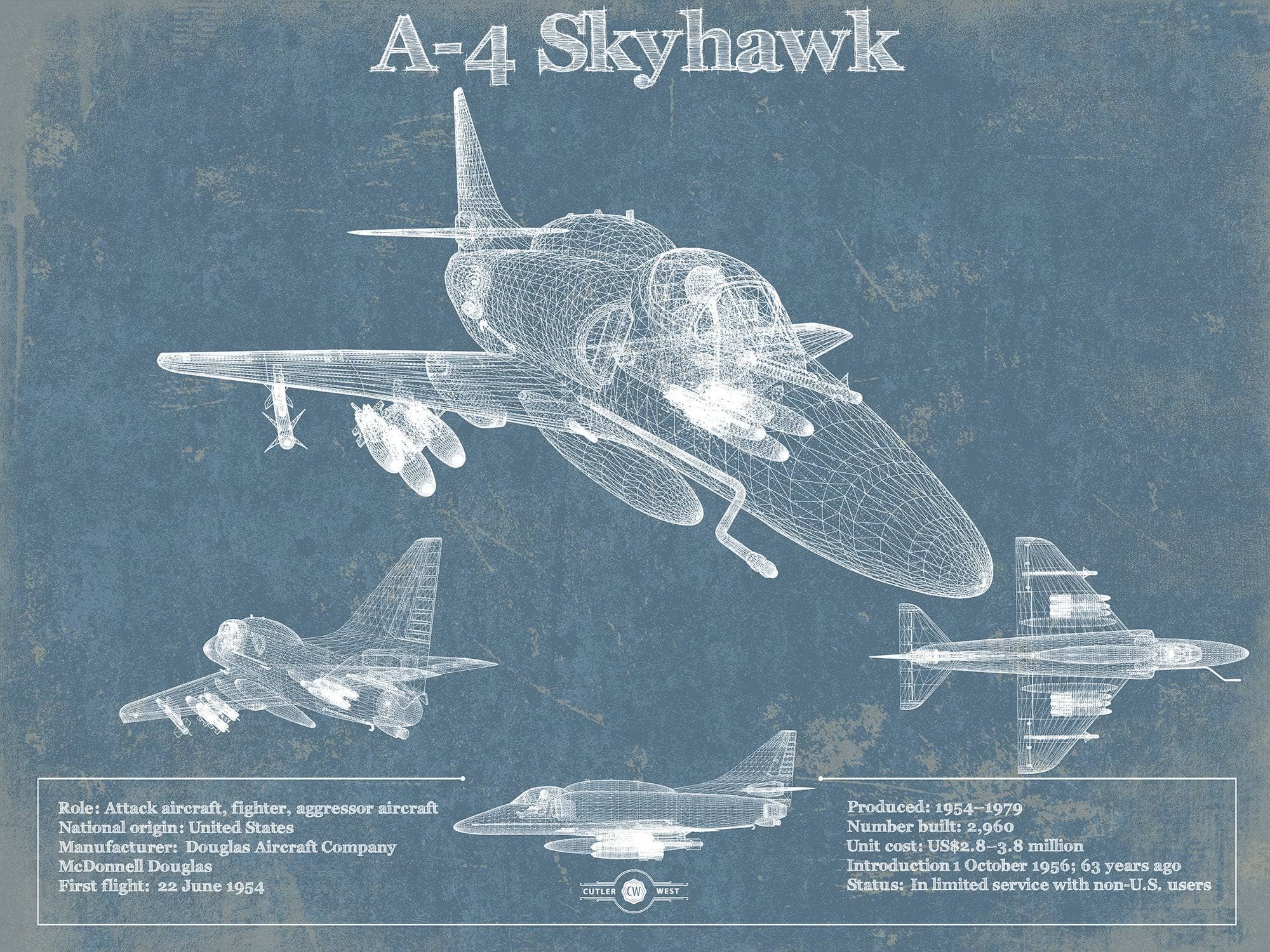 Cutler West Military Aircraft Douglas A-4 Skyhawk Aviation Blueprint Military Print - Custom Name and Squadron Text