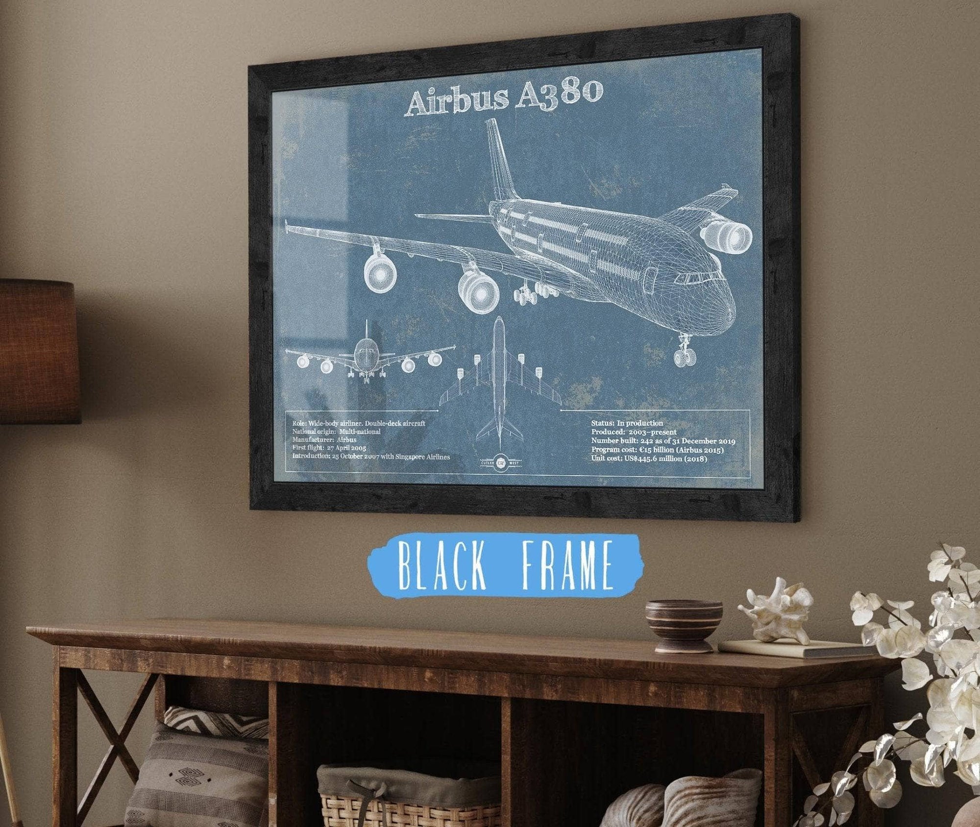 Cutler West Airbus Collection Airbus A380 Vintage Aviation Blueprint Print - Custom Pilot Name can be Added