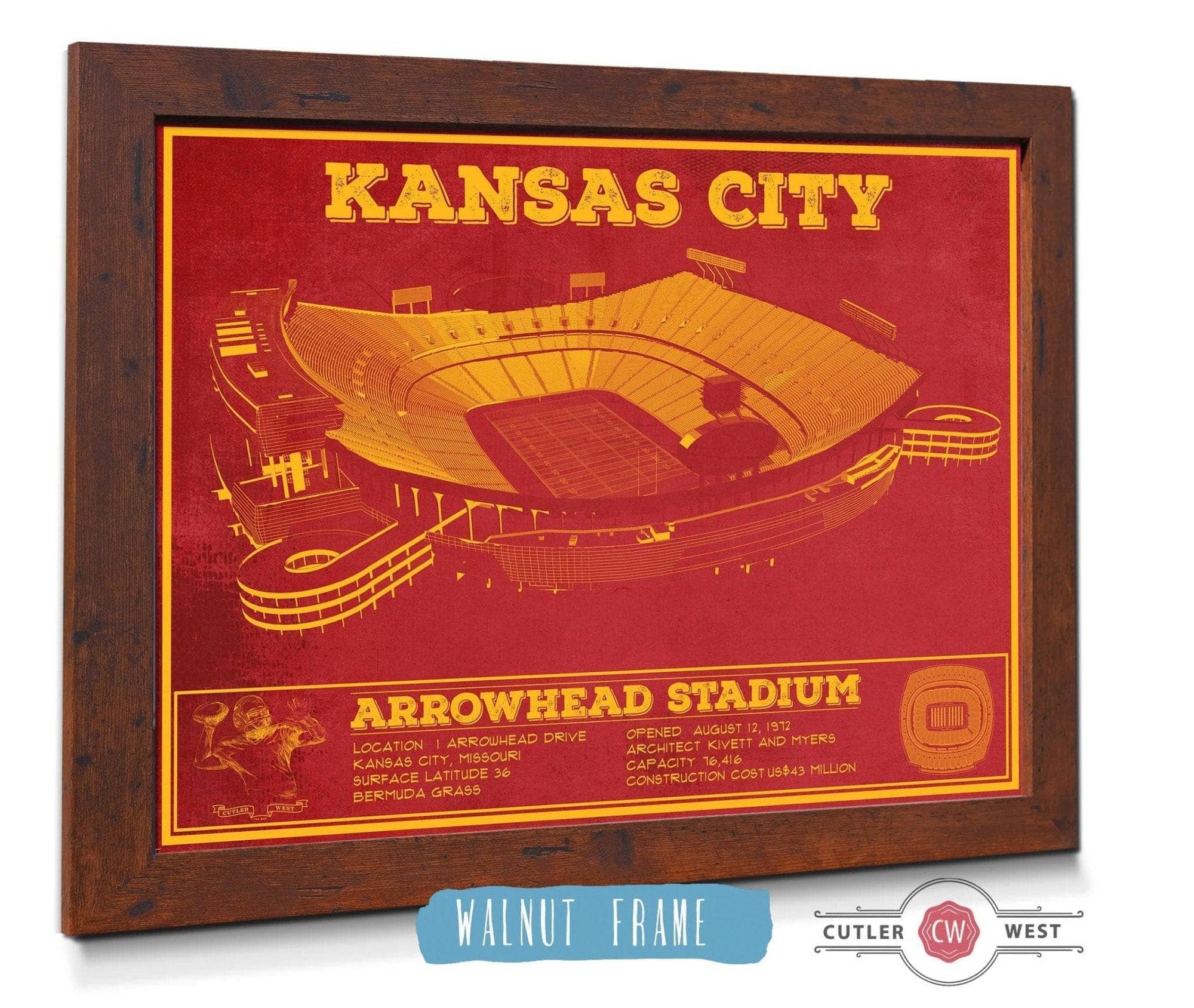 Cutler West Pro Football Collection 14" x 11" / Walnut Frame Kansas City Chiefs Arrowhead Stadium Vintage Football Print 720500669-TOP