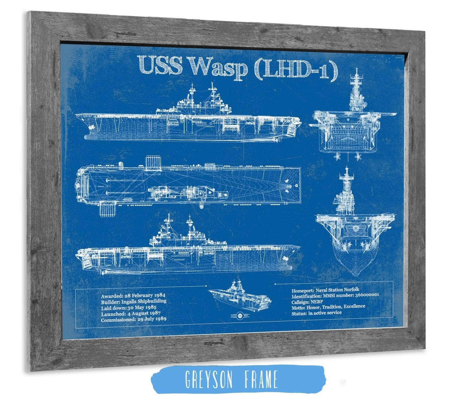 Cutler West Naval Military 14" x 11" / Greyson Frame USS Wasp (LHD-1) Aircraft Carrier Blueprint Original Military Wall Art - Customizable 933311001_27707