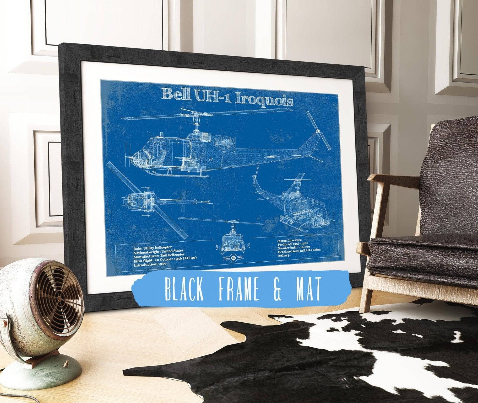 Cutler West Military Aircraft 14" x 11" / Black Frame & Mat Bell UH-1 Iroquois (Huey) Vintage Blueprint Helicopter Print 833110167_35341